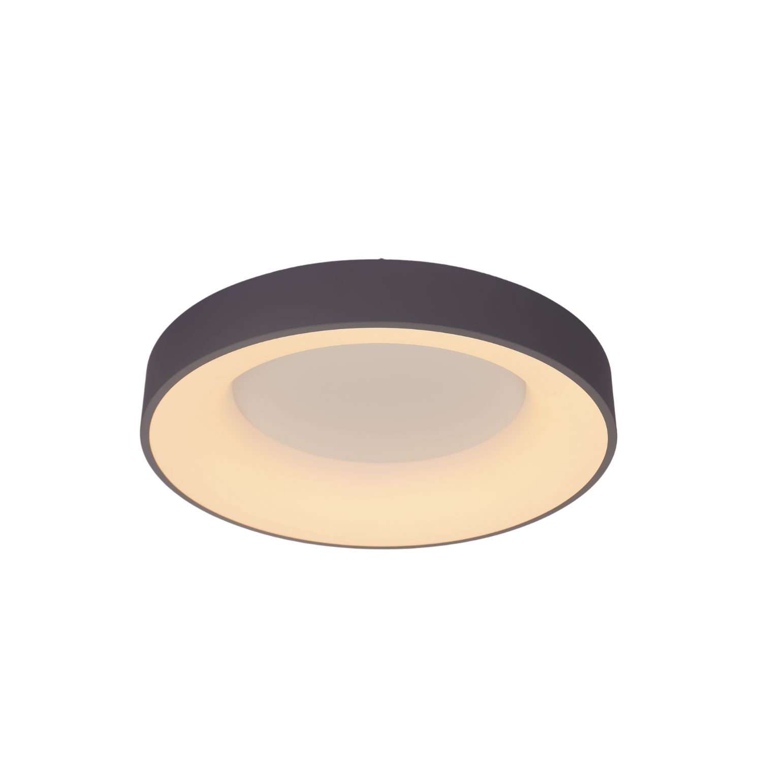 Plafoniera rotonda grigio scuro con un cerchio interno bianco luminoso. La luce è accesa.