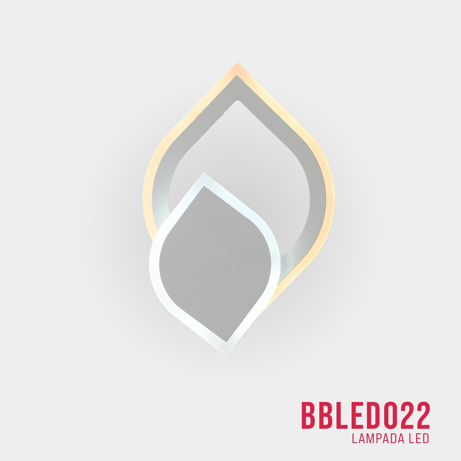 Lampada da parete con design a forma di foglia, grigia e bianca, con la scritta "BBLEDO022". Sfondo bianco.