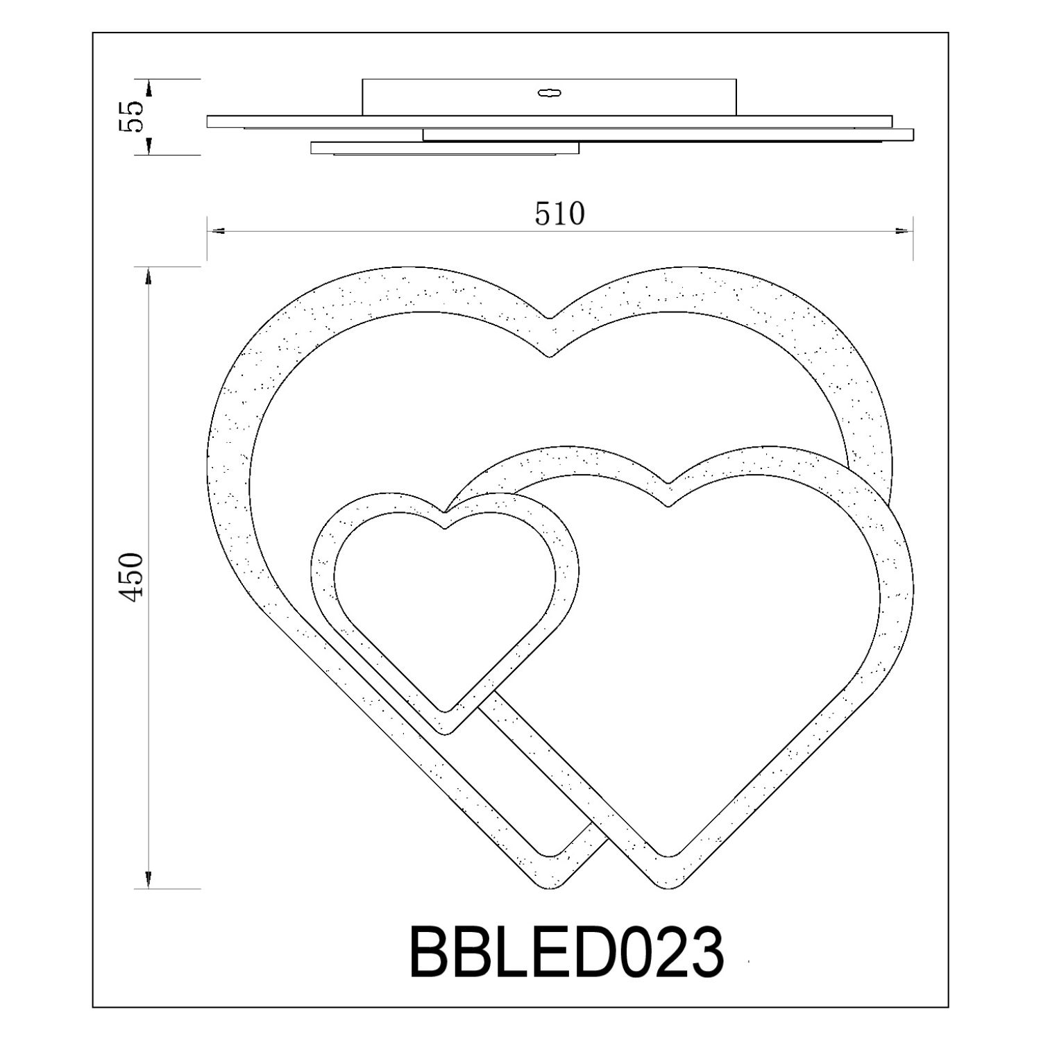 Disegno tecnico di un'apparecchio a soffitto a forma di cuore.