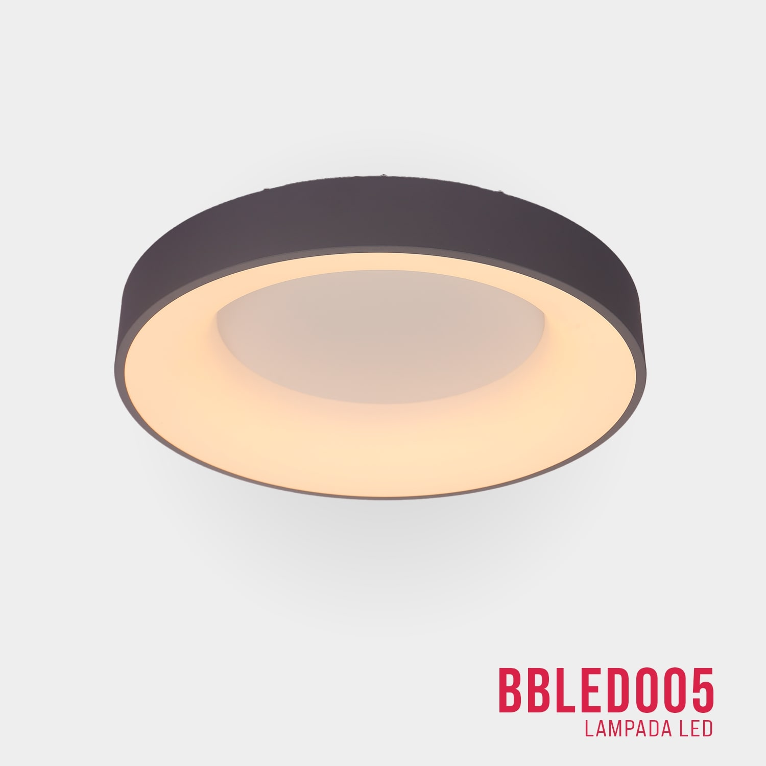 Lampada da soffitto rotonda, anello esterno grigio scuro con interno bianco e la scritta "BBLEDO005".