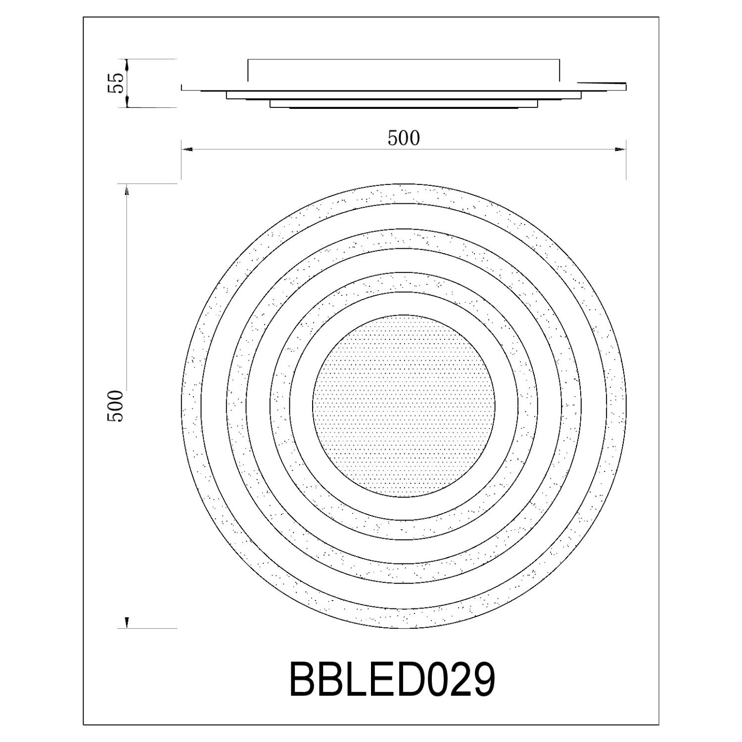 Disegno tecnico di un apparecchio di illuminazione circolare con dimensioni e anelli concentrici. Testo: BBLEDO029.