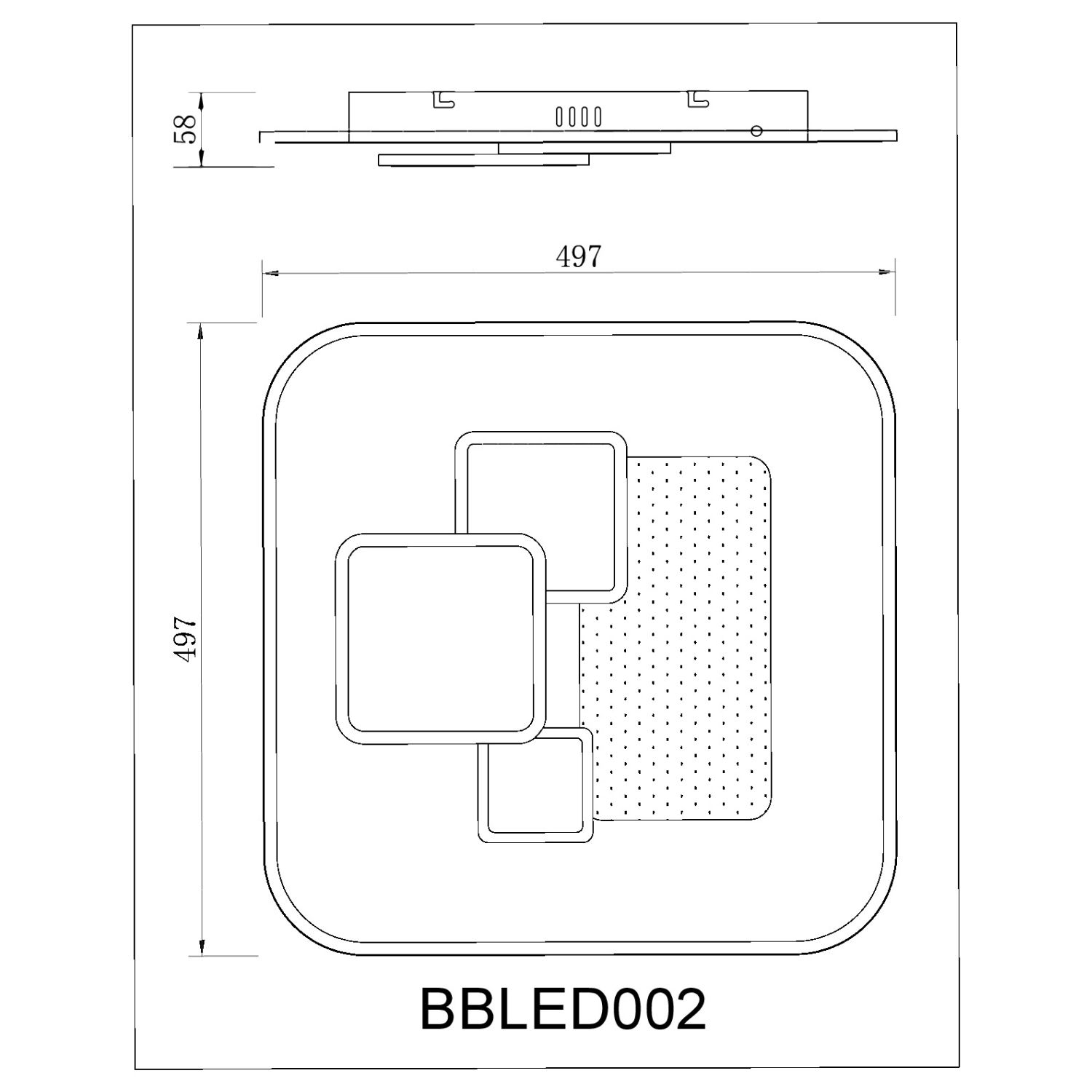 Disegno tecnico con dimensioni di un'apparecchio di illuminazione quadrato con forme quadrate sovrapposte. Testo: BBLEDO002.