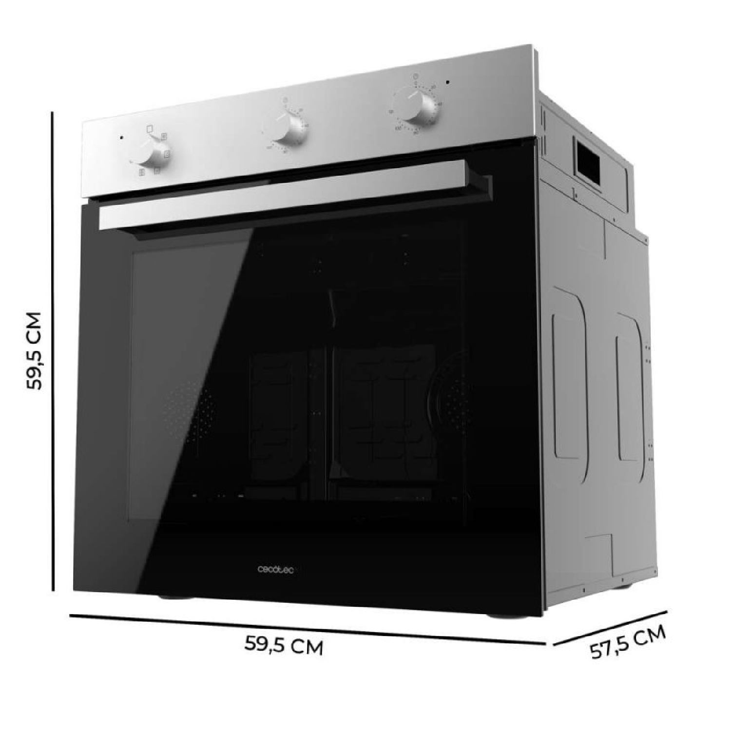 Horno empotrado en una cocina. Puerta de vidrio negro, panel de control blanco y detalles plateados.