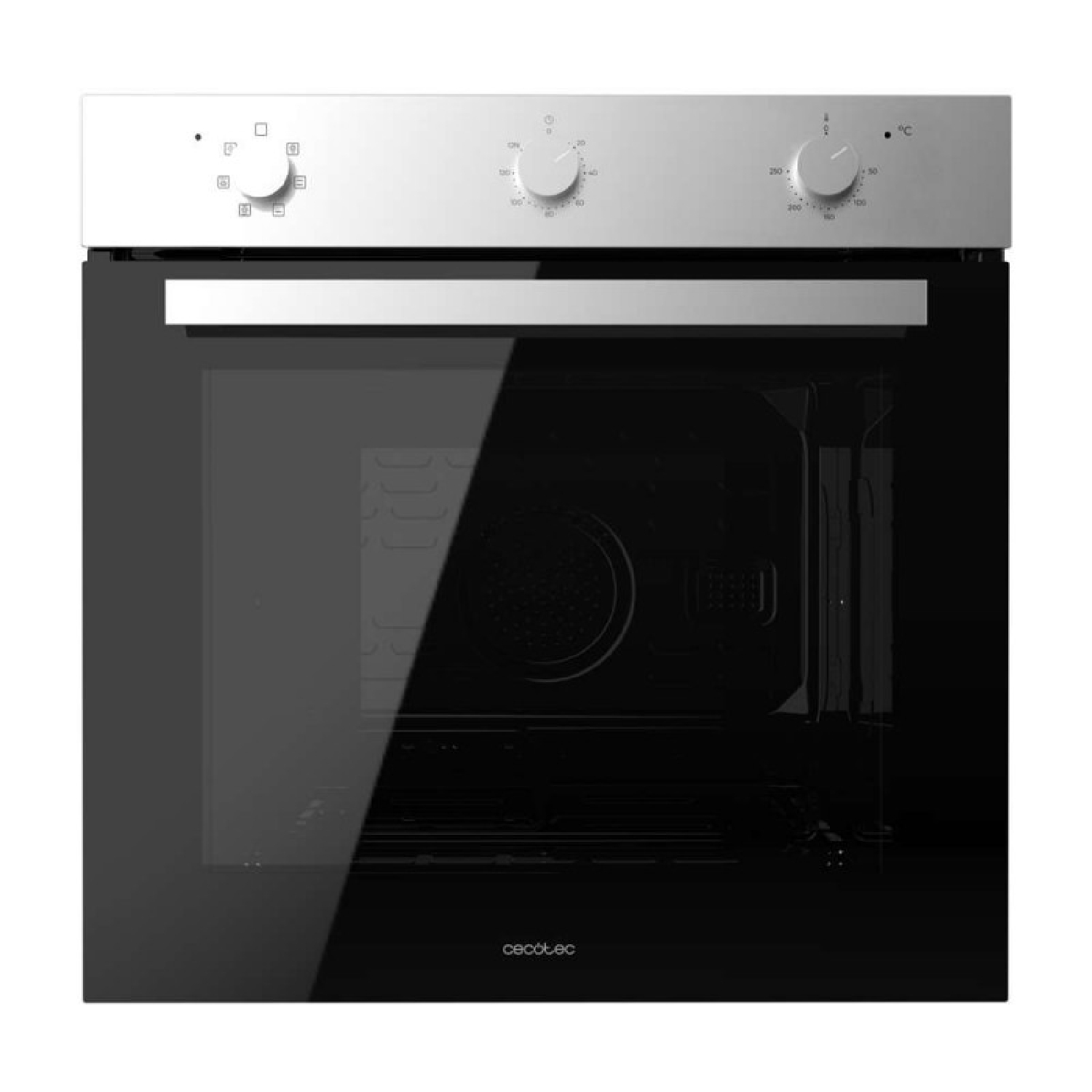 Horno negro con asa y controles plateados. Puerta de cristal oscura.