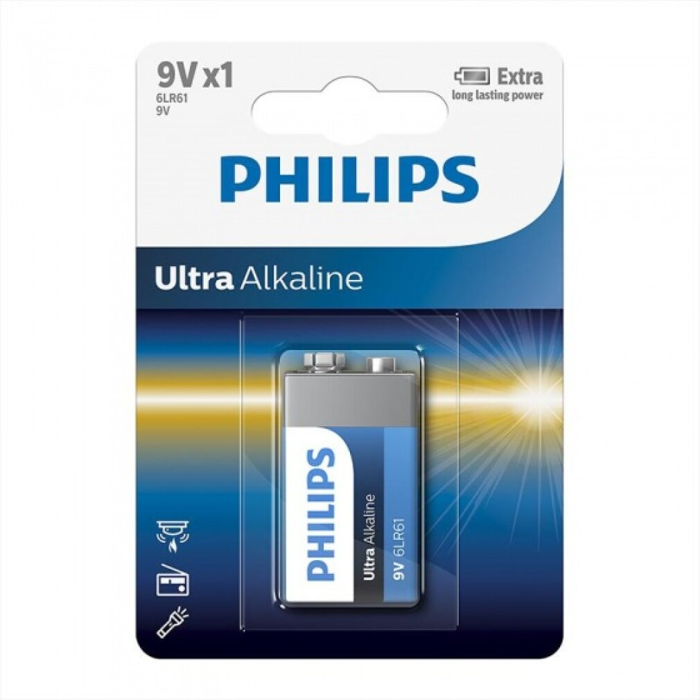Opakowanie baterii Philips 9V. Biało-niebieskie opakowanie.