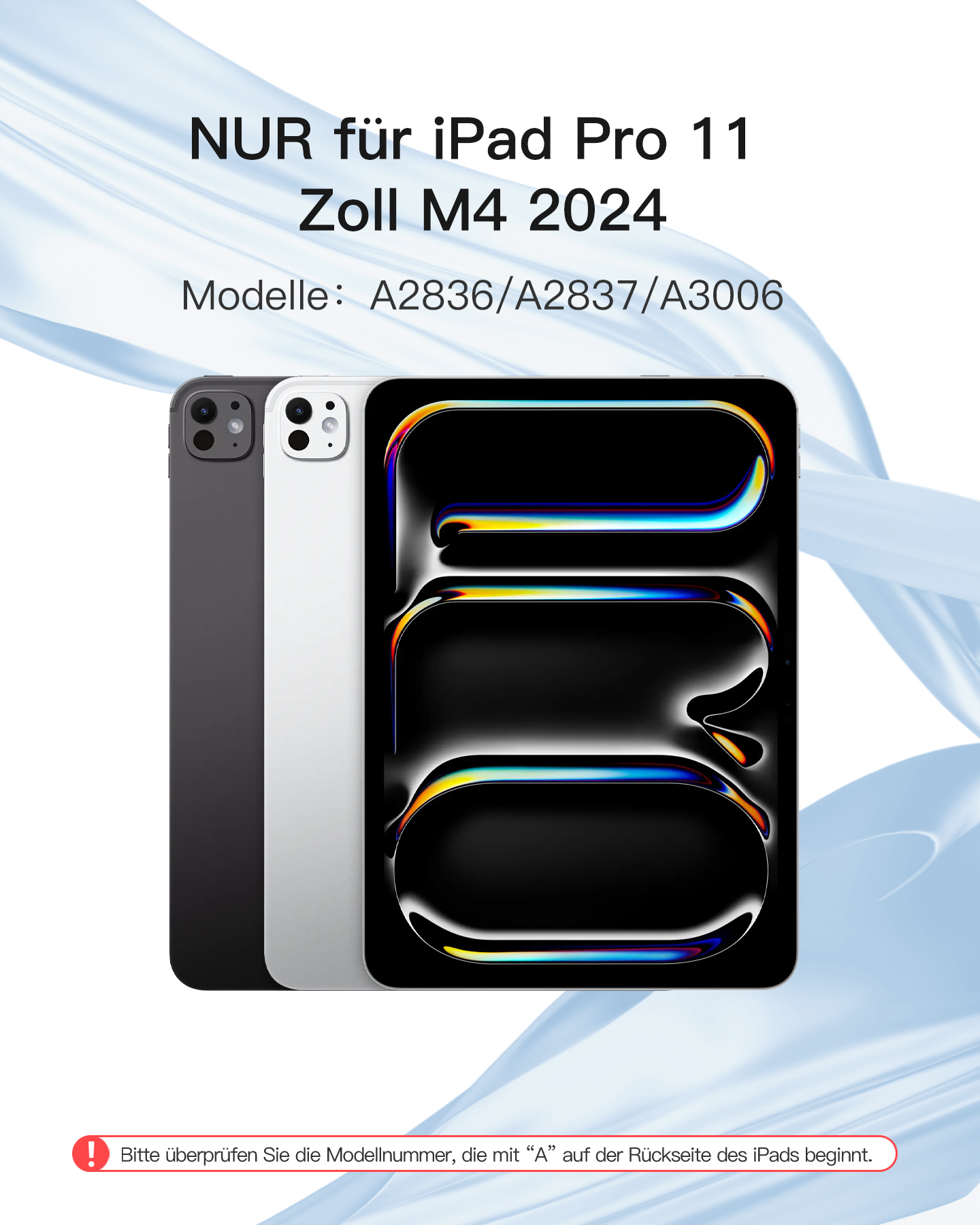 Immagine che mostra tre iPad. Il testo in alto recita: 'NUR für iPad Pro 11 Zoll M4 2024'.