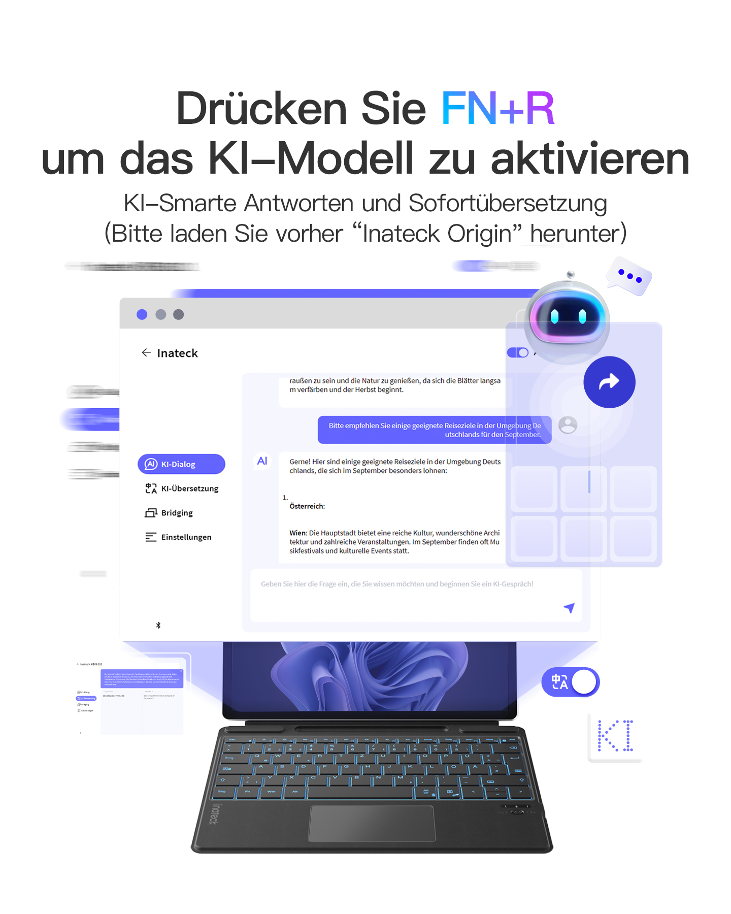 Ein Tablet mit blauer Tastatur liegt auf einem Tisch. Ein Bildschirm zeigt eine Konversation mit einem Roboter.