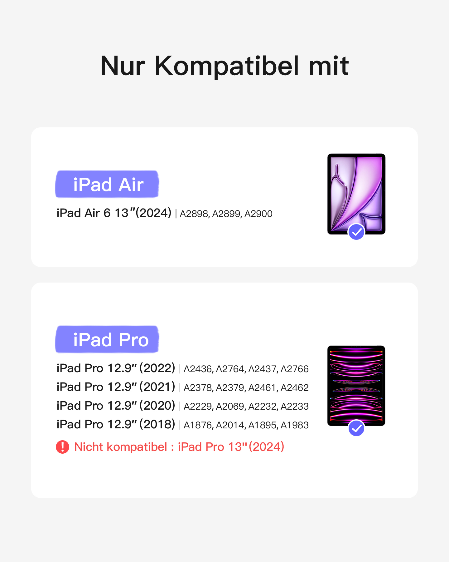 Das Bild zeigt Kompatibilitätsinformationen für iPad Air- und iPad Pro-Modelle.