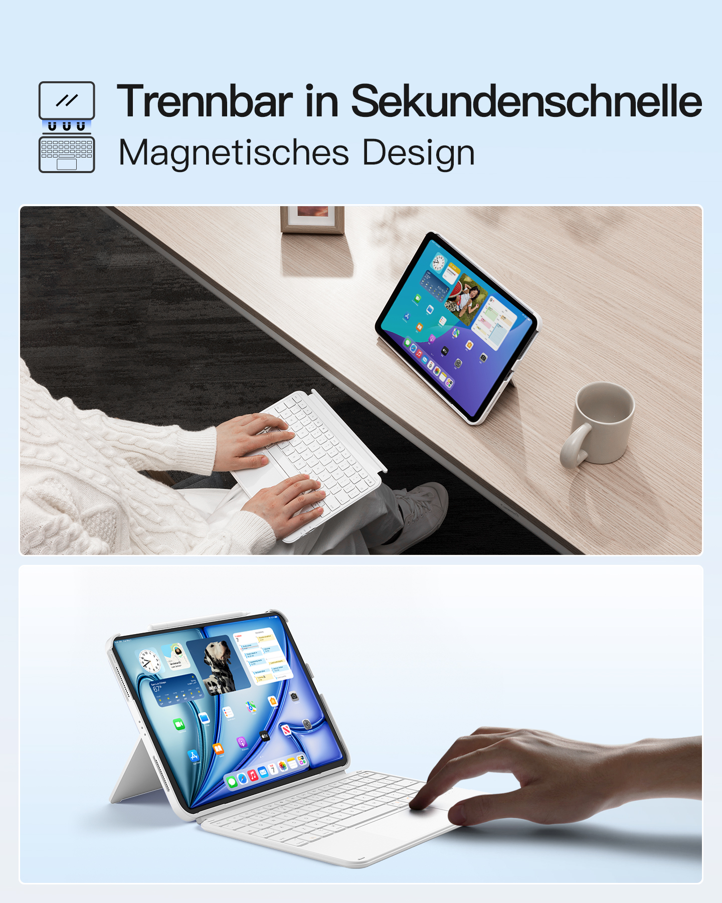 Tablet mit Tastatur auf dem Tisch, eine Person benutzt es.