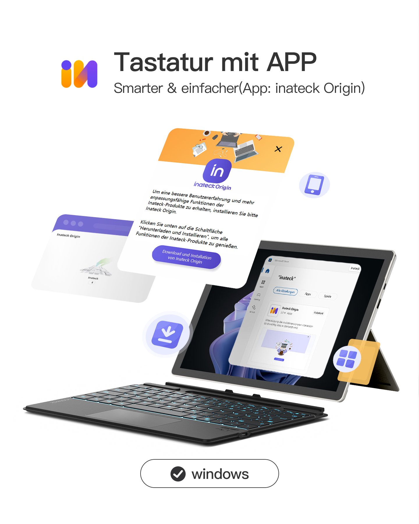 Ein Laptop mit Tastatur, mit App-Oberfläche und einem blau-lila Logo.