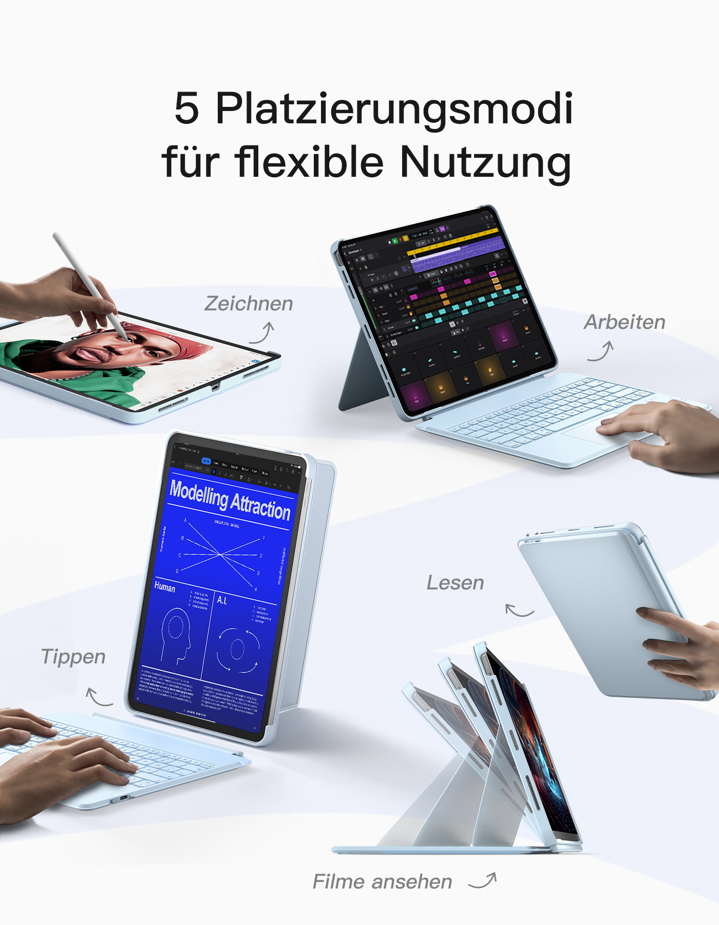 Ein Tablet, das in fünf verschiedenen Modi verwendet wird. Ein Stift ist ebenfalls vorhanden.
