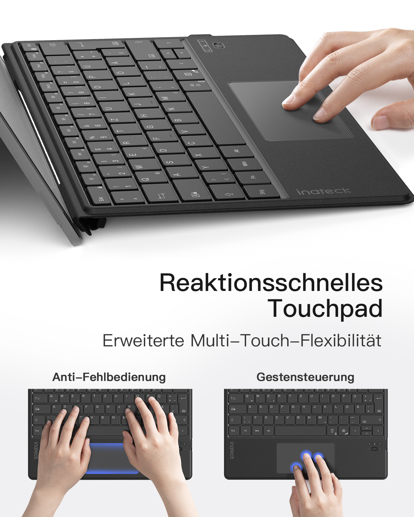 Schwarze Tastatur mit Touchpad und einer Hand, die es benutzt. Text auf Deutsch.