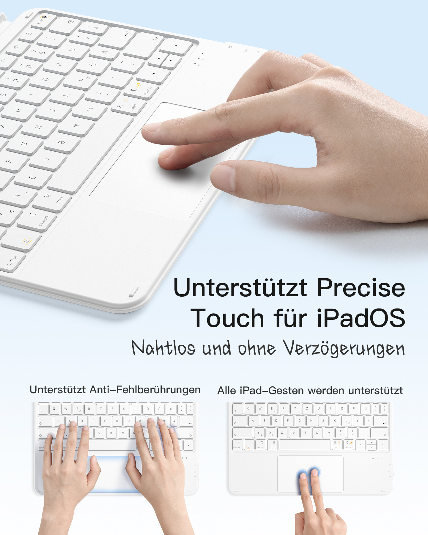 Weiße Tastatur mit Trackpad, zwei Ansichten zeigen Hände bei der Benutzung, mit Text.