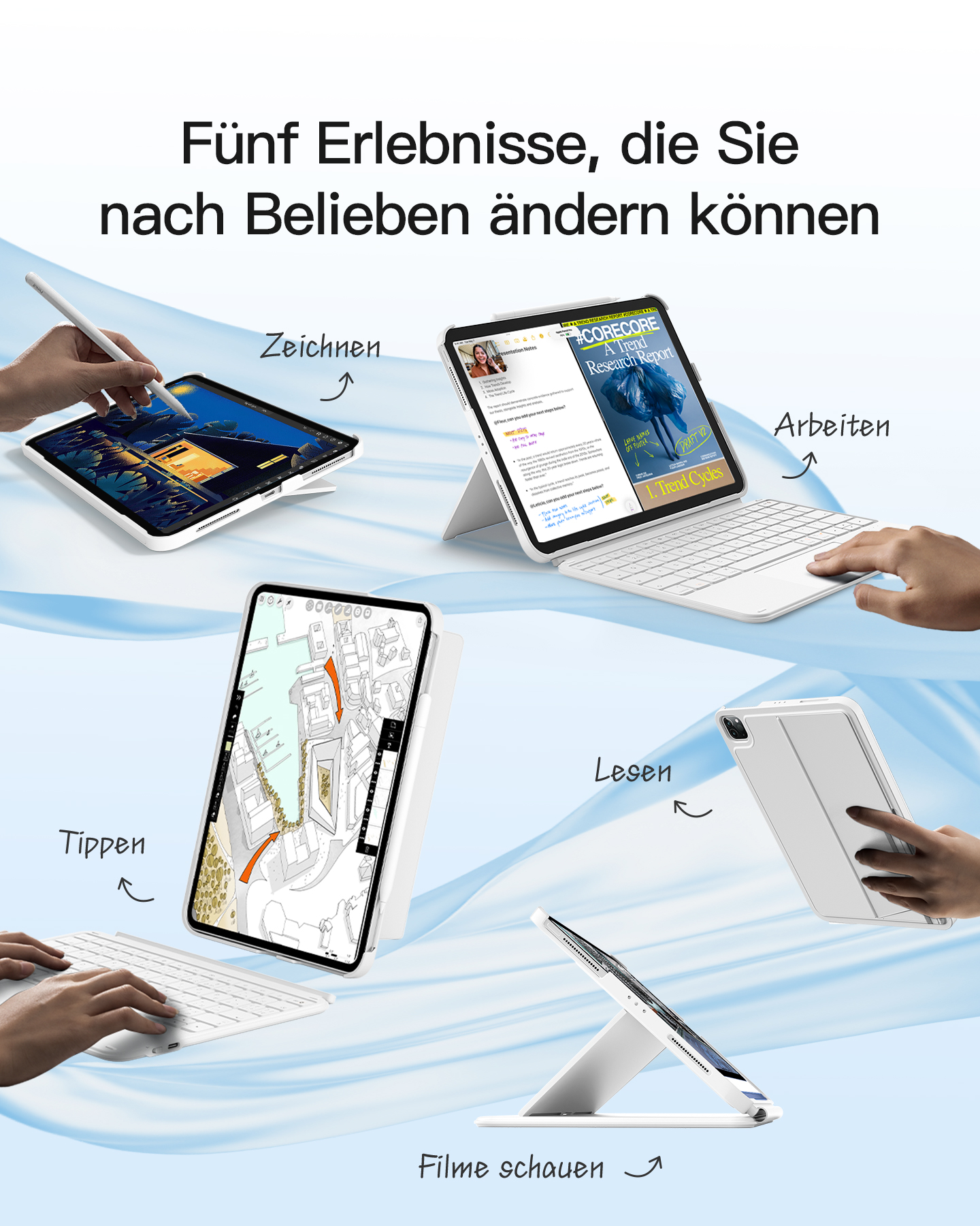 Tablets mit verschiedenen Verwendungszwecken: Zeichnen, Arbeiten, Lesen, Filme schauen, Tippen.