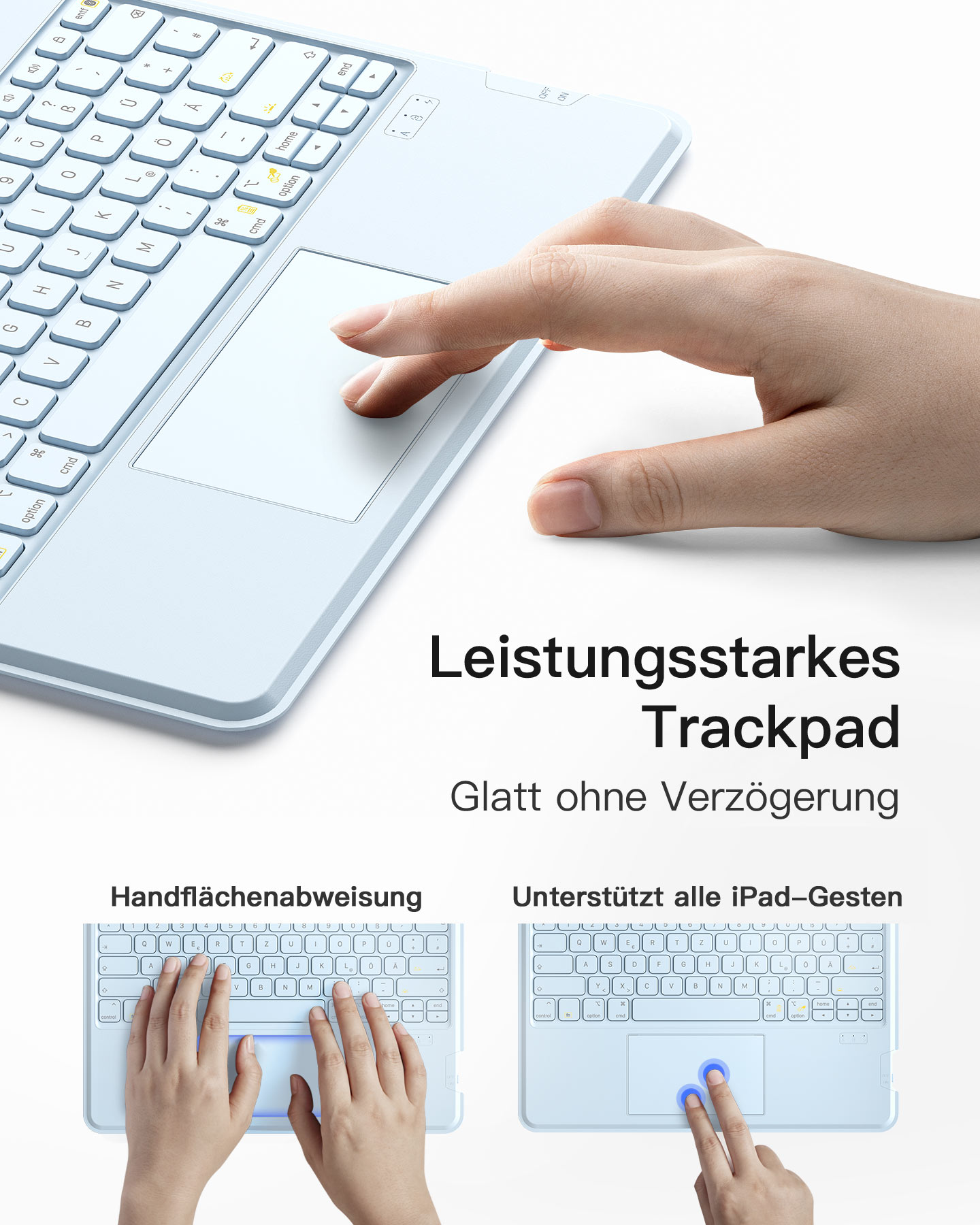 Hand bedient das Touchpad einer weißen kabellosen Tastatur.