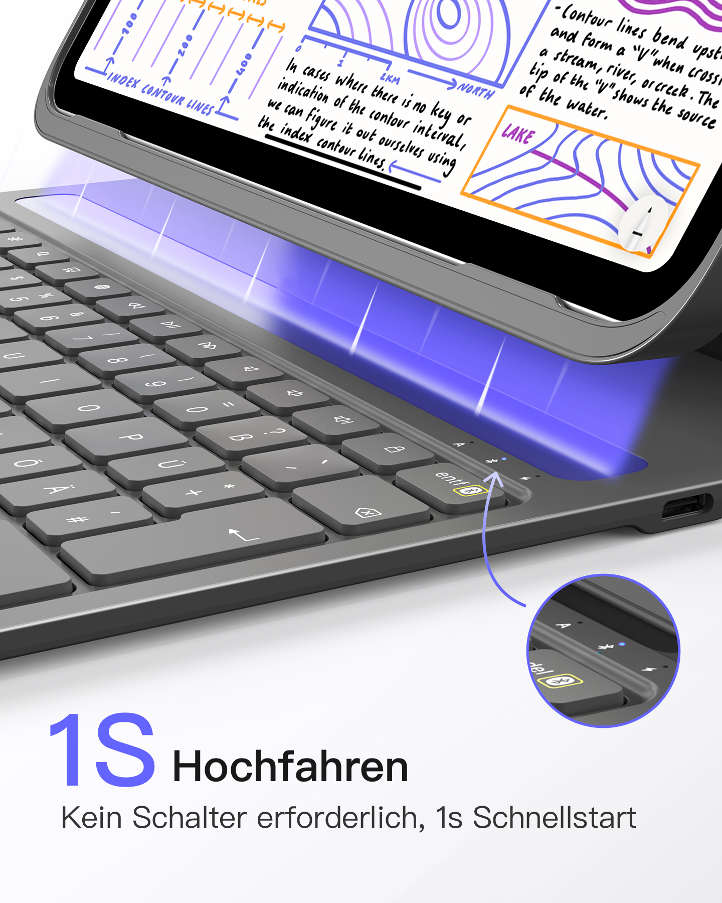 Ein Tablet mit Tastatur ist geöffnet und zeigt ein Diagramm an. Tastaturtasten sind sichtbar. Der Text lautet 1S Hochfahren.