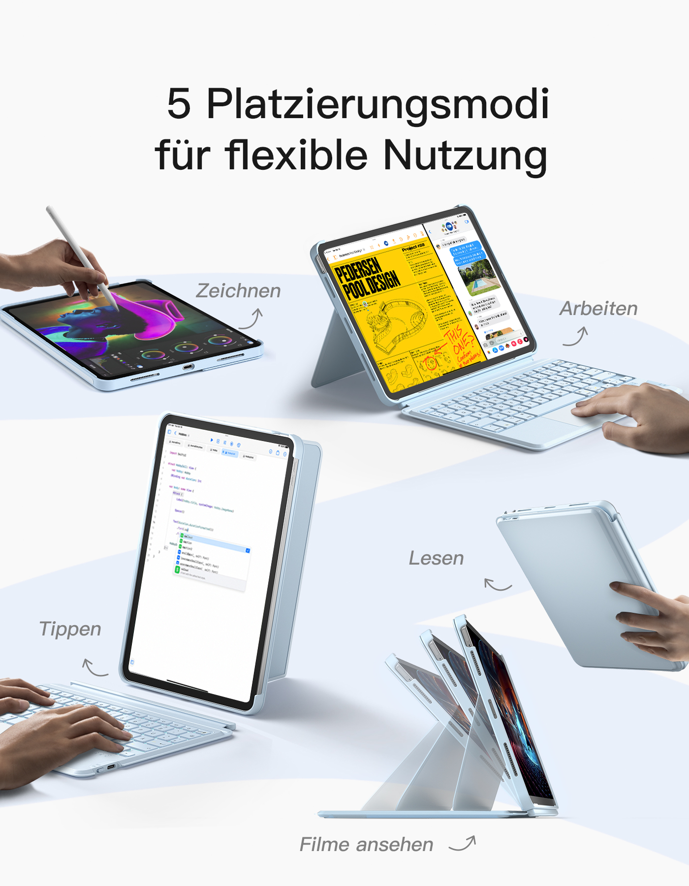 Ein Tablet mit mehreren Nutzungsmodi: Zeichnen, Arbeiten, Lesen und Filme ansehen.