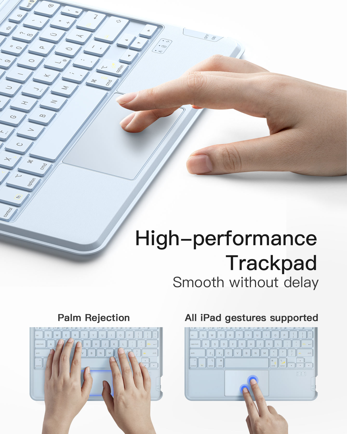 Blaue Tastatur mit Touchpad und einer Hand, die es benutzt. Text über Handflächenabweisung.
