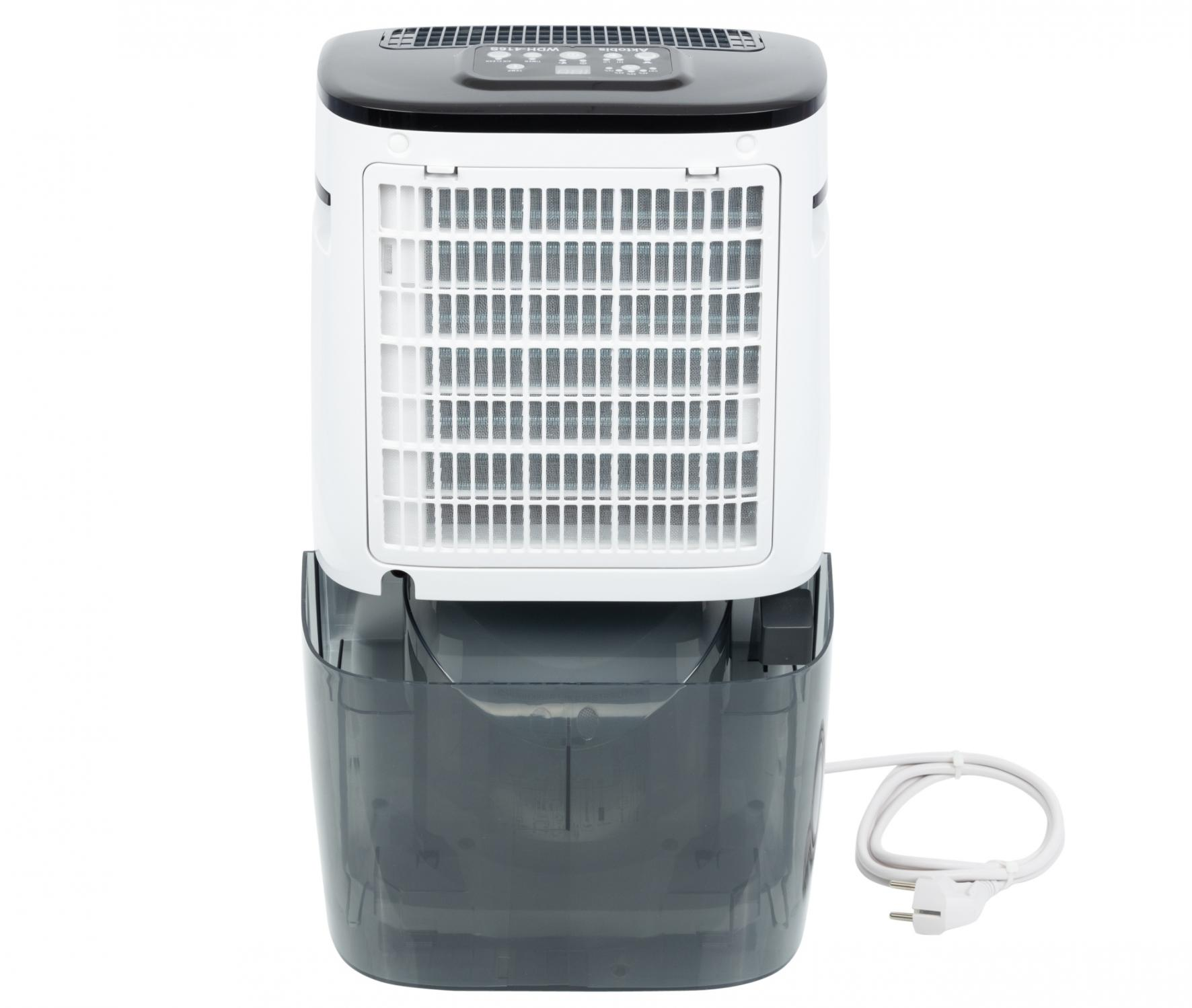Luftentfeuchter. Weißer Deckel und Filter, grauer Sockel mit Wasserbehälter und Stecker.