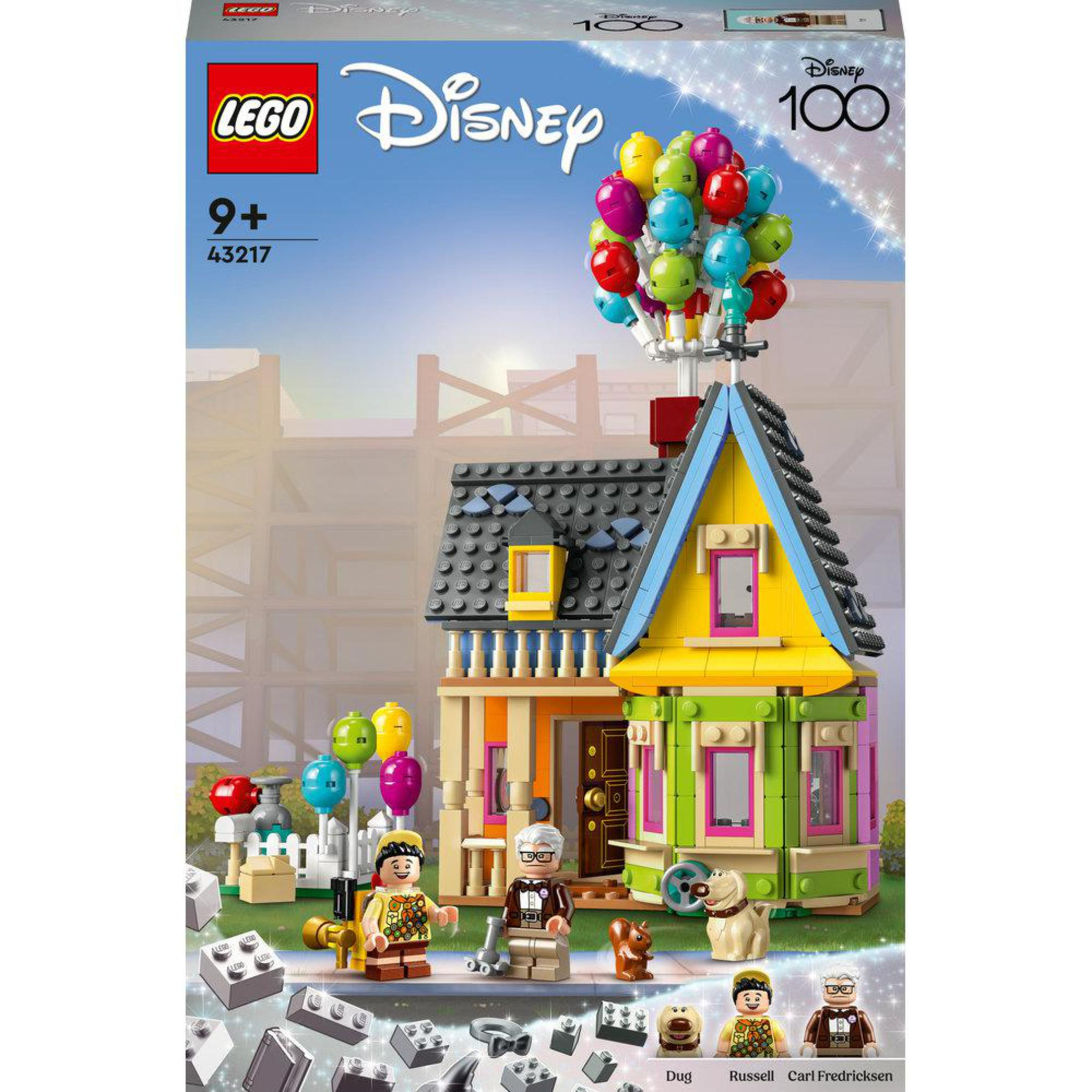 Set Lego Disney Pixar Up. Mostra la casa con palloncini, minifigure di personaggi e accessori.