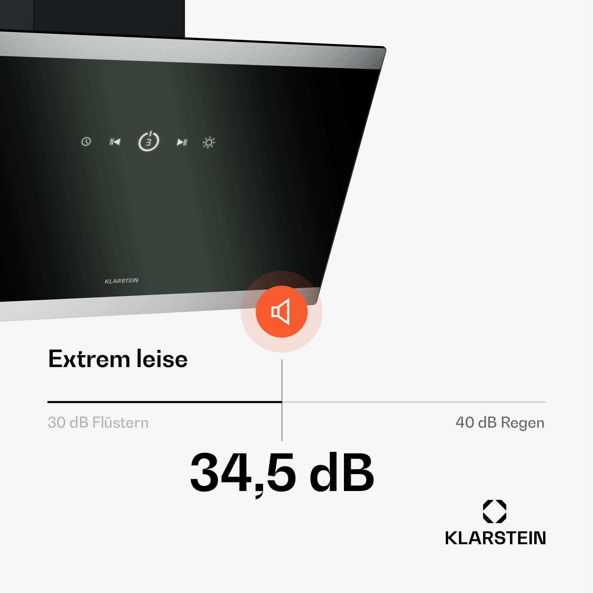 Un primo piano di una cappa nera con un grafico del livello sonoro, che mostra 34,5 dB.