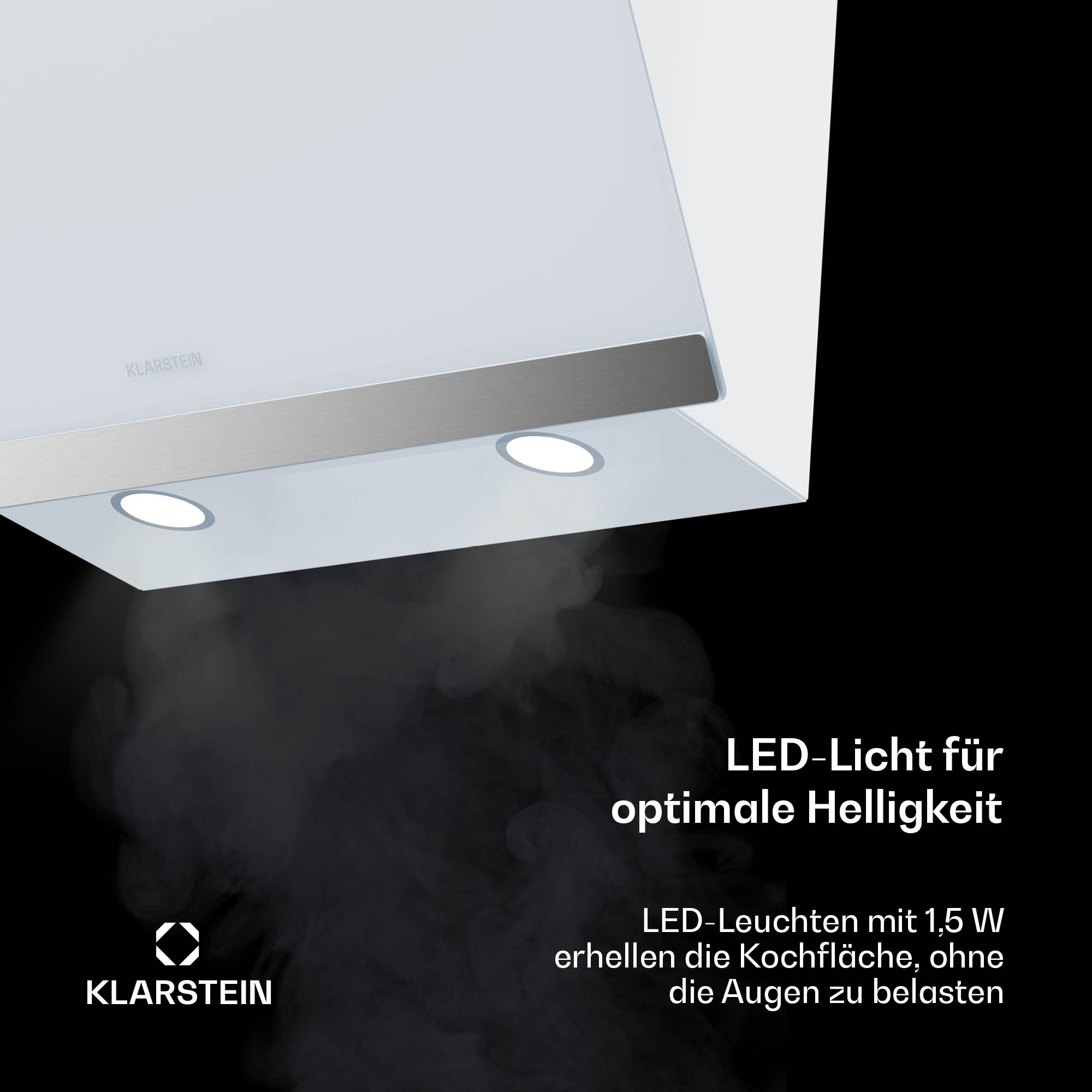Cappa bianca con luci, testo: LED-Licht für optimale Helligkeit.