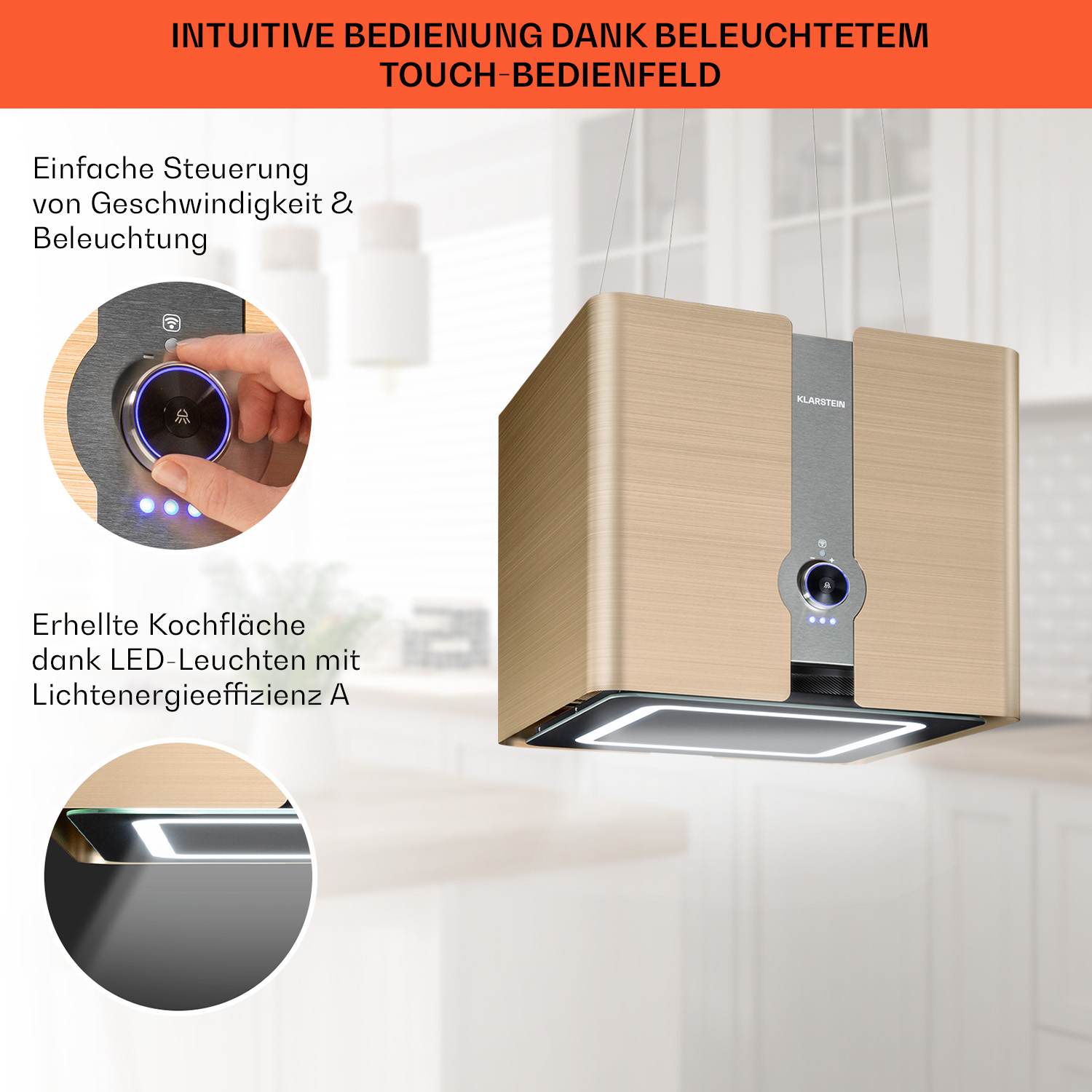 Cappa moderna con comandi touch, luci e finitura in acciaio inox e legno.