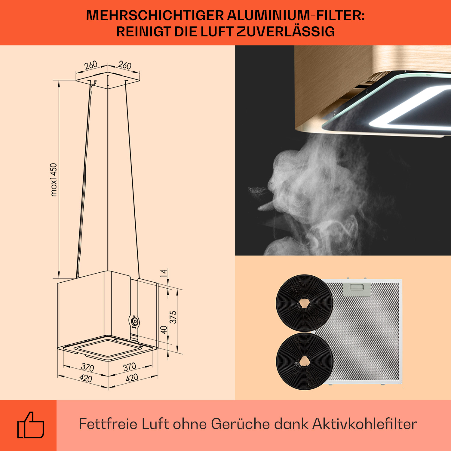 Schema di una cappa da cucina e filtro. Lo schema mostra le misure, con testo 'Fettfreie Luft ohne Gerüche'.