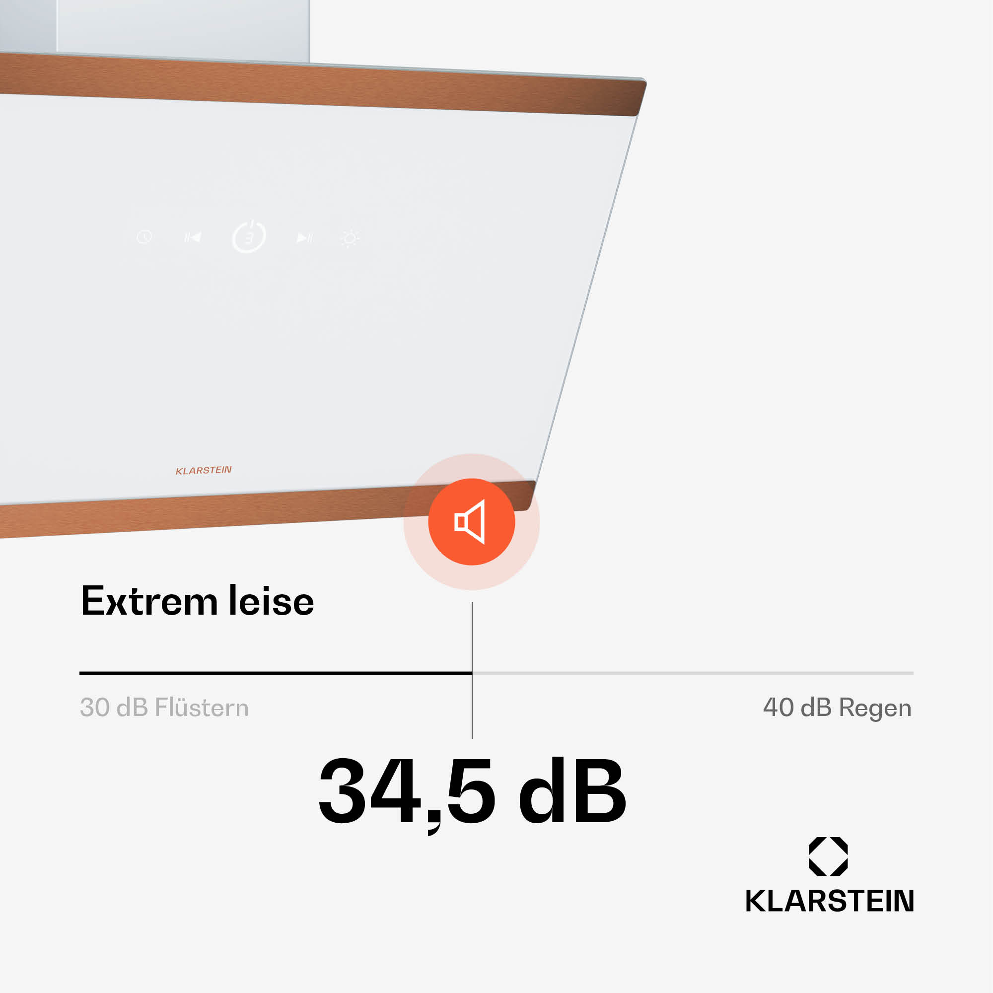 Una cappa bianca con finiture in legno. Un'icona del suono e 34,5 dB vengono visualizzati.