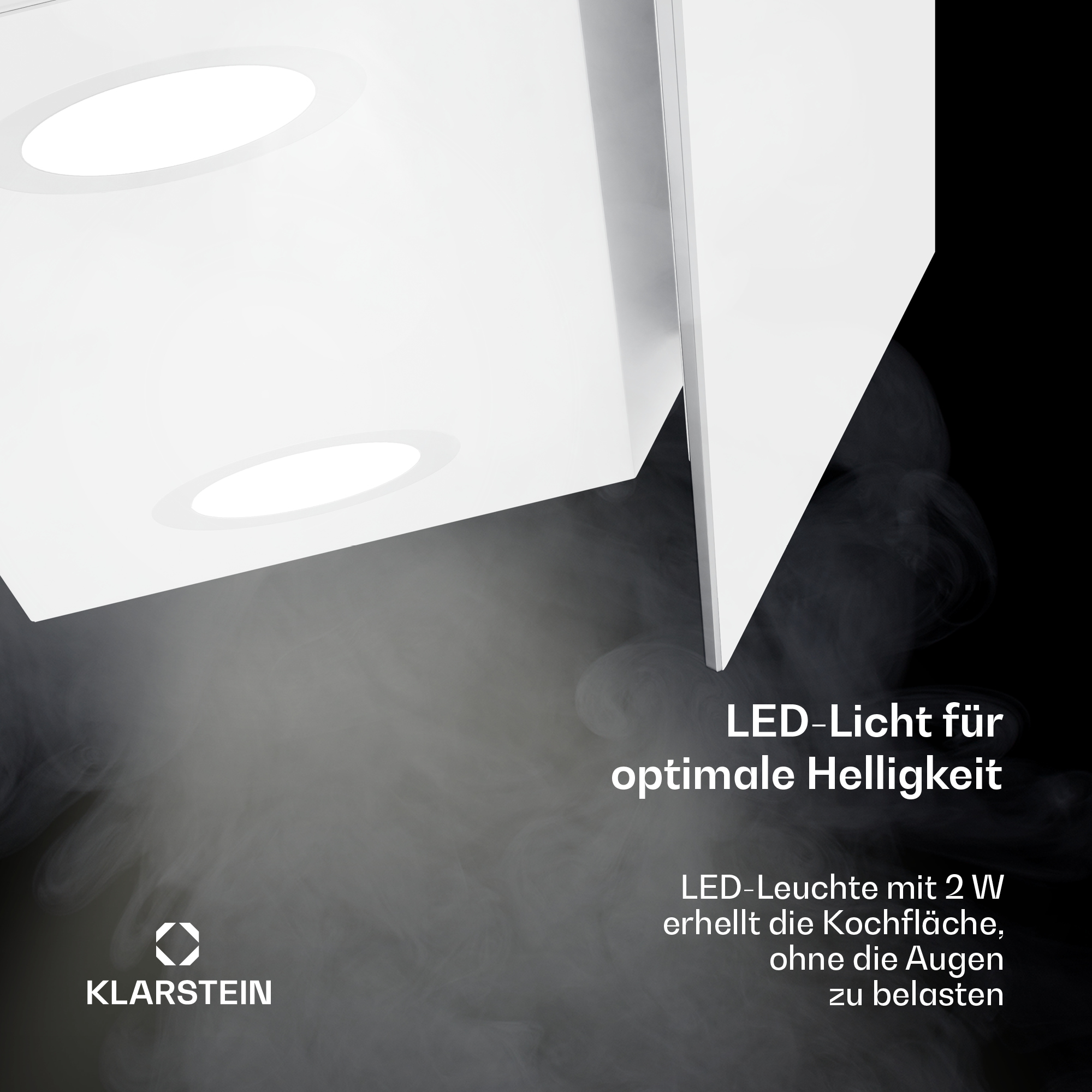 Cappa da cucina bianca e moderna con due luci, con testo sull'illuminazione a LED.