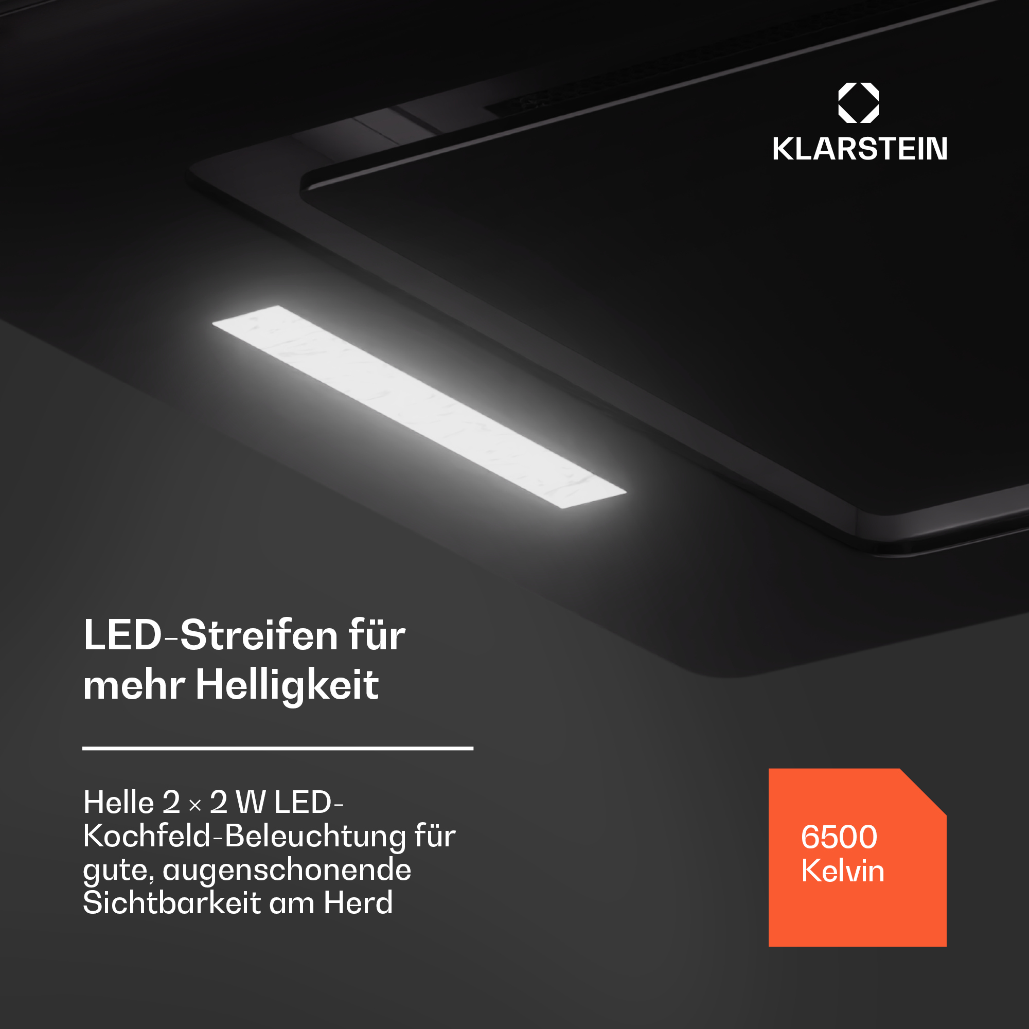 LED-Lichtleiste strahlt weißes Licht auf schwarzer Oberfläche aus. Text und orangefarbenes Etikett.