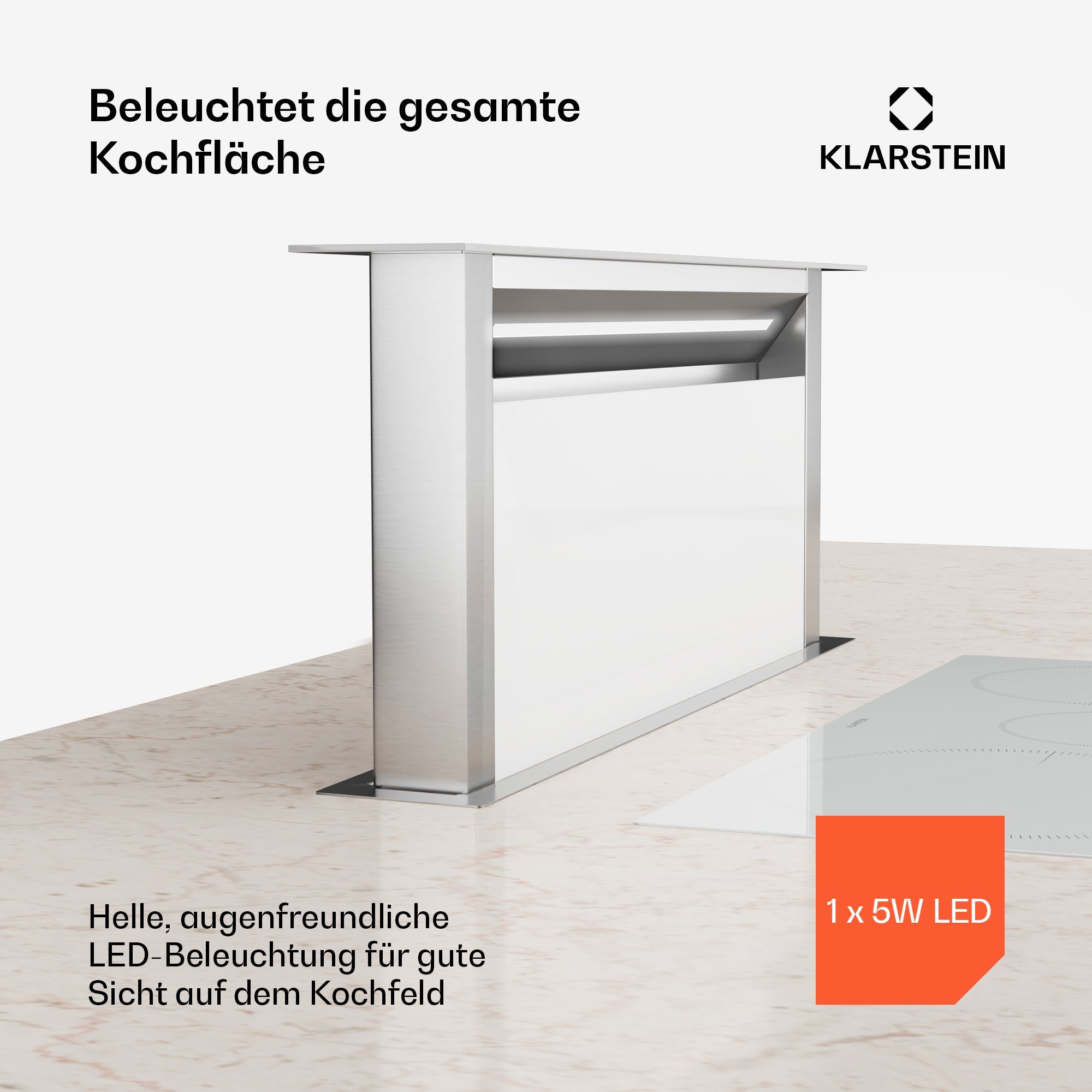 Cappa in acciaio inox, frontale bianco, con adesivo LED rosso da 5W.