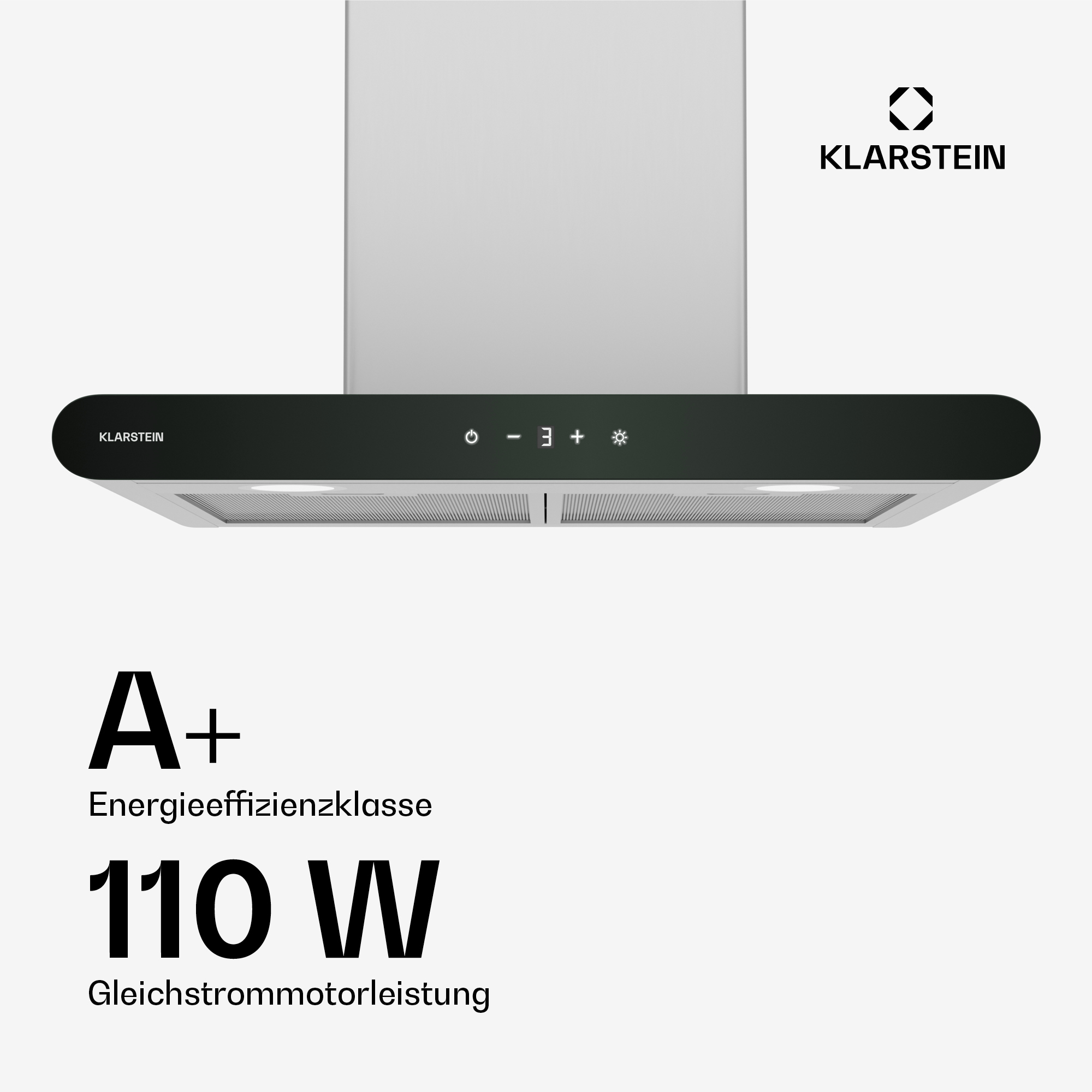 Cappa nera. Efficienza energetica A+, potenza 110W. Sfondo bianco.