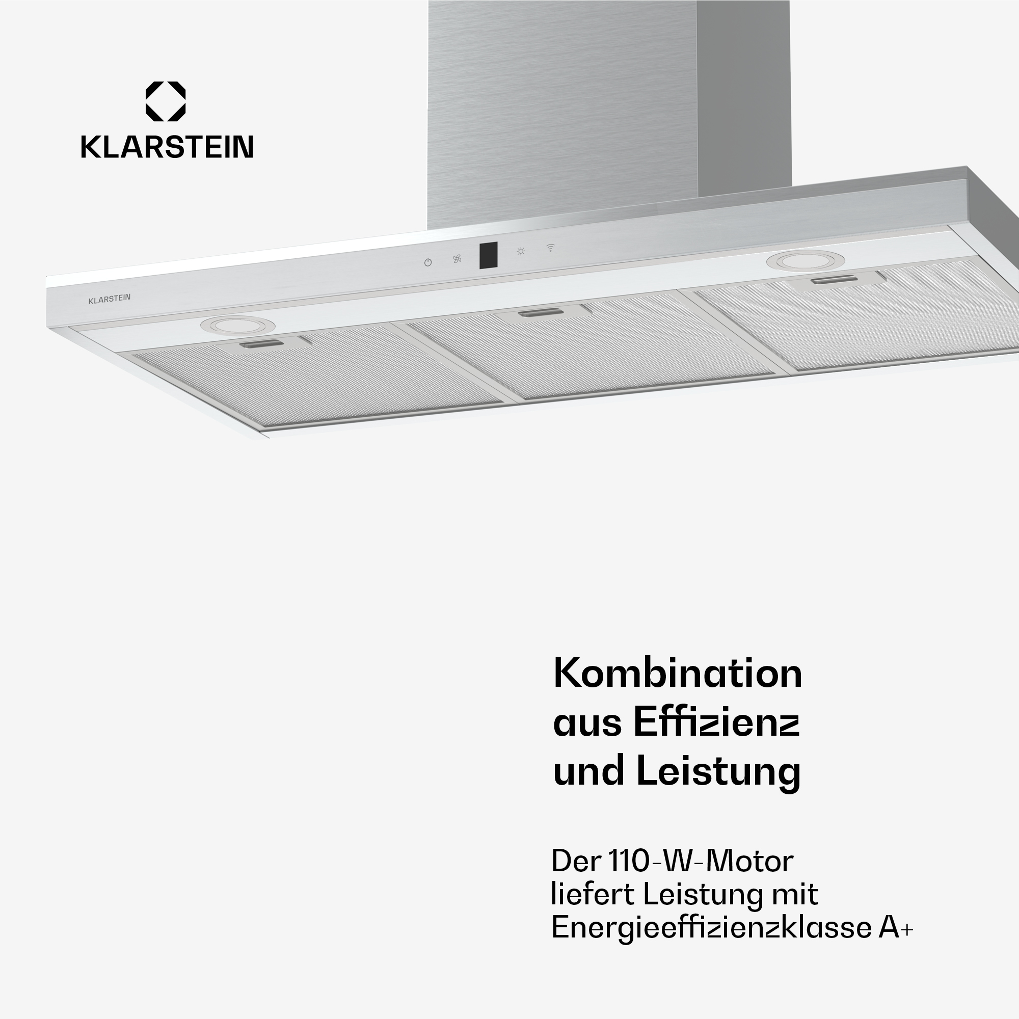 Dunstabzugshaube mit Silber-Finish. Deutscher Text: 'Kombination aus Effizienz und Leistung'.