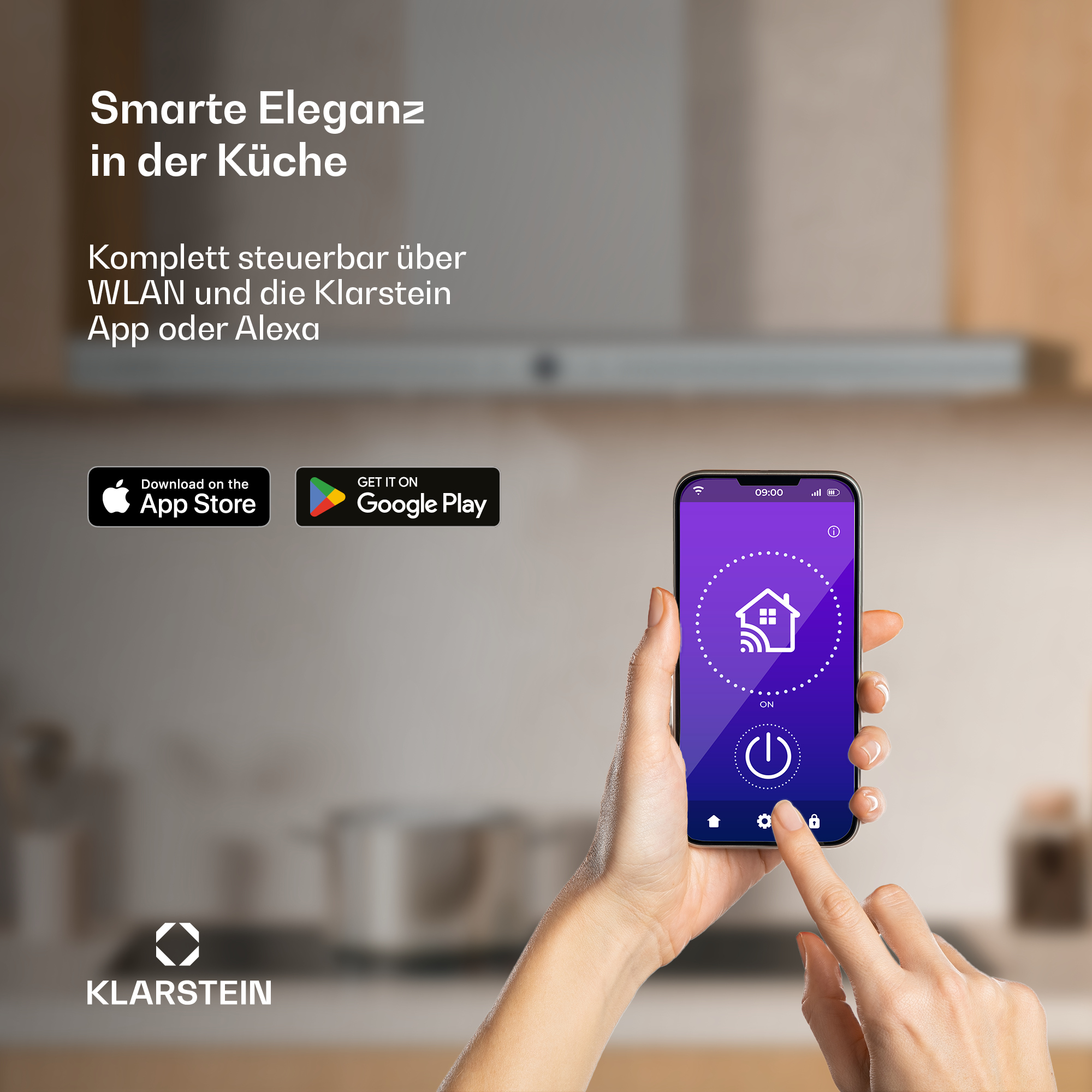 Eine Hand, die ein Telefon mit der Klastein-App hält, mit App-Store-Symbolen und den Worten "Smart elegance".