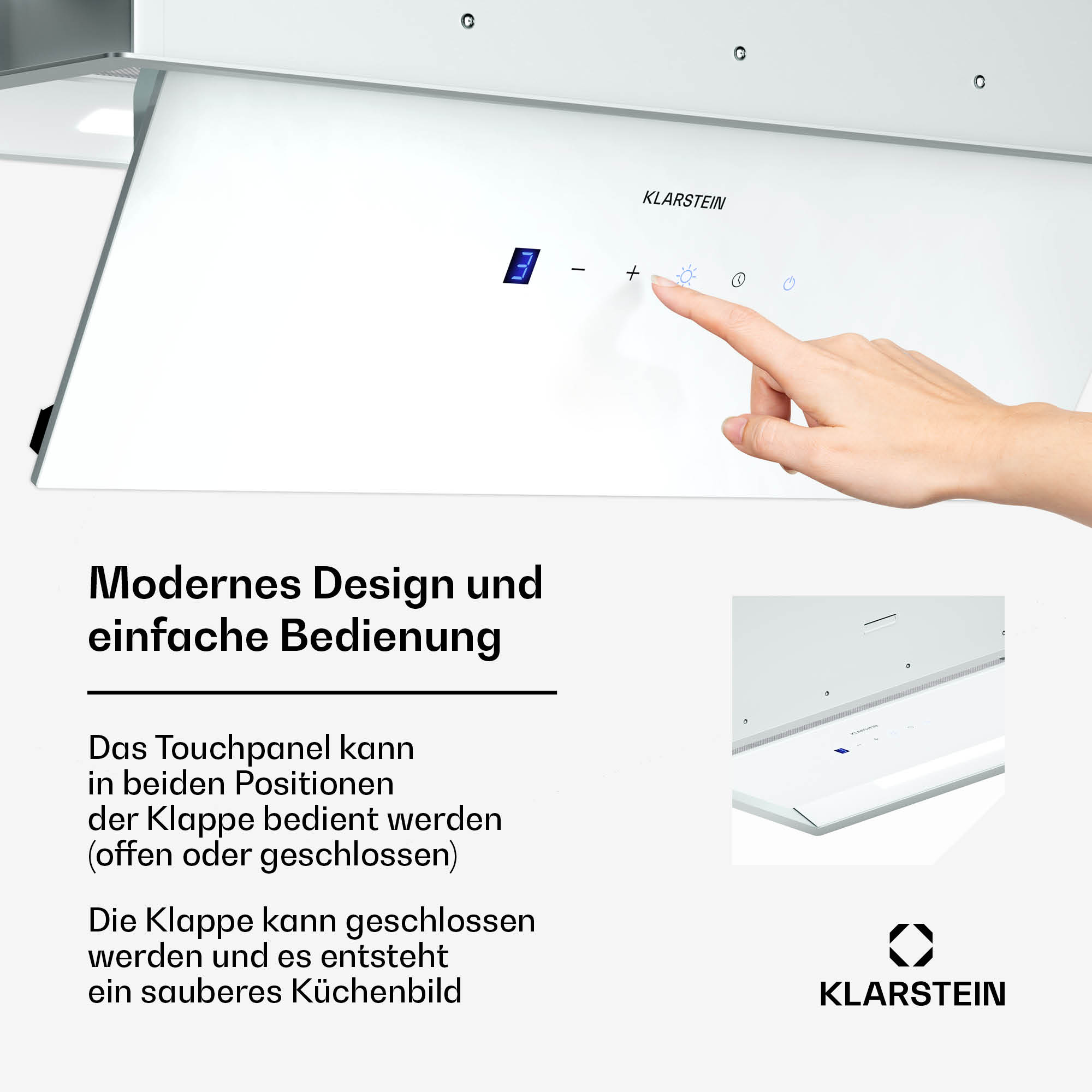 Eine weiße Dunstabzugshaube mit Touch-Panel.