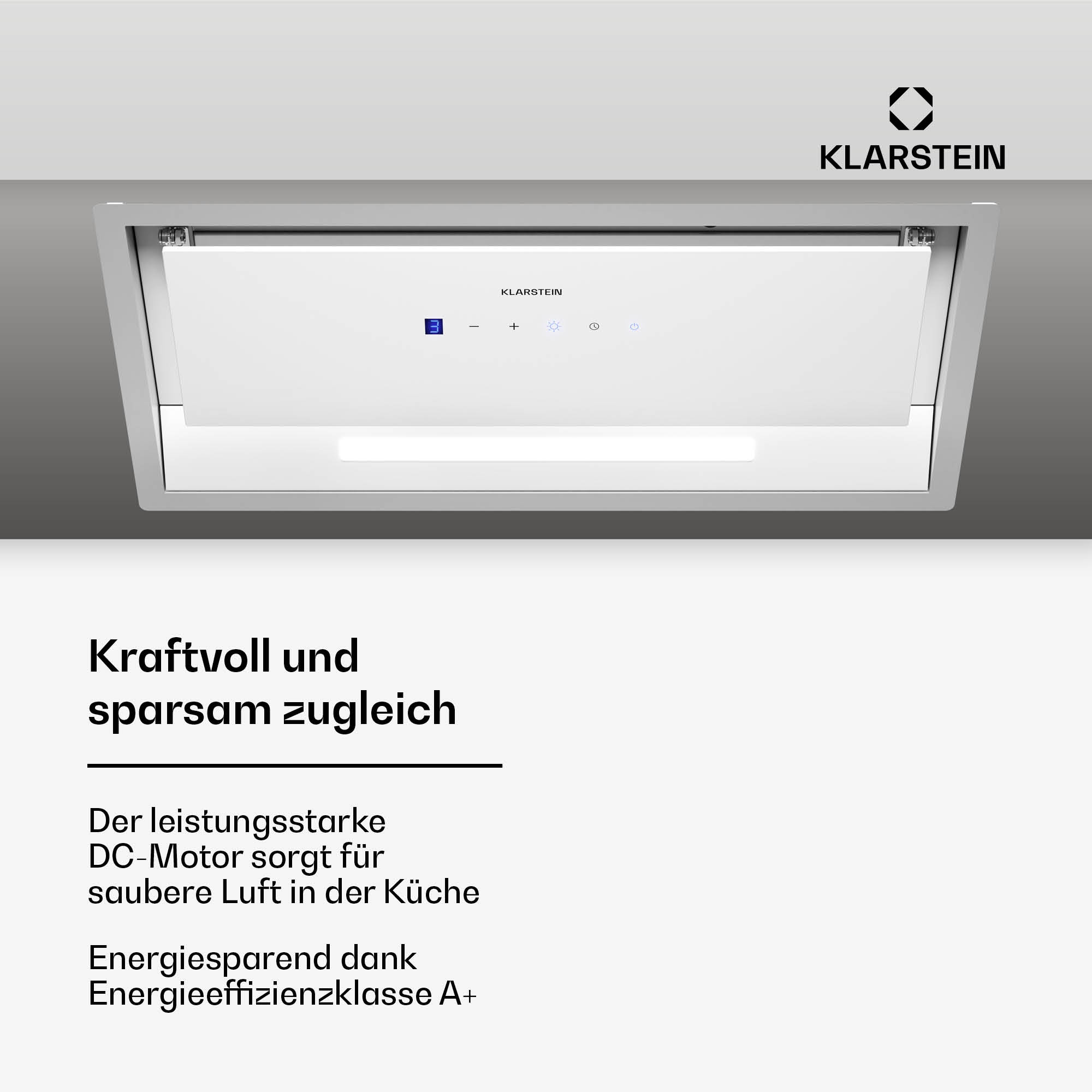 Weiße Küchenhaube mit Digitalanzeige. Das Klarstein-Logo befindet sich oben.
