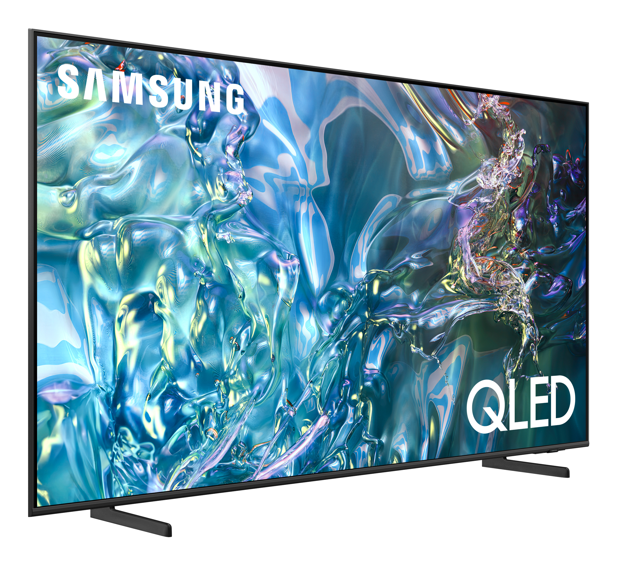 Duży telewizor Samsung QLED na białym tle. Ekran wyświetla obraz podobny do wody.