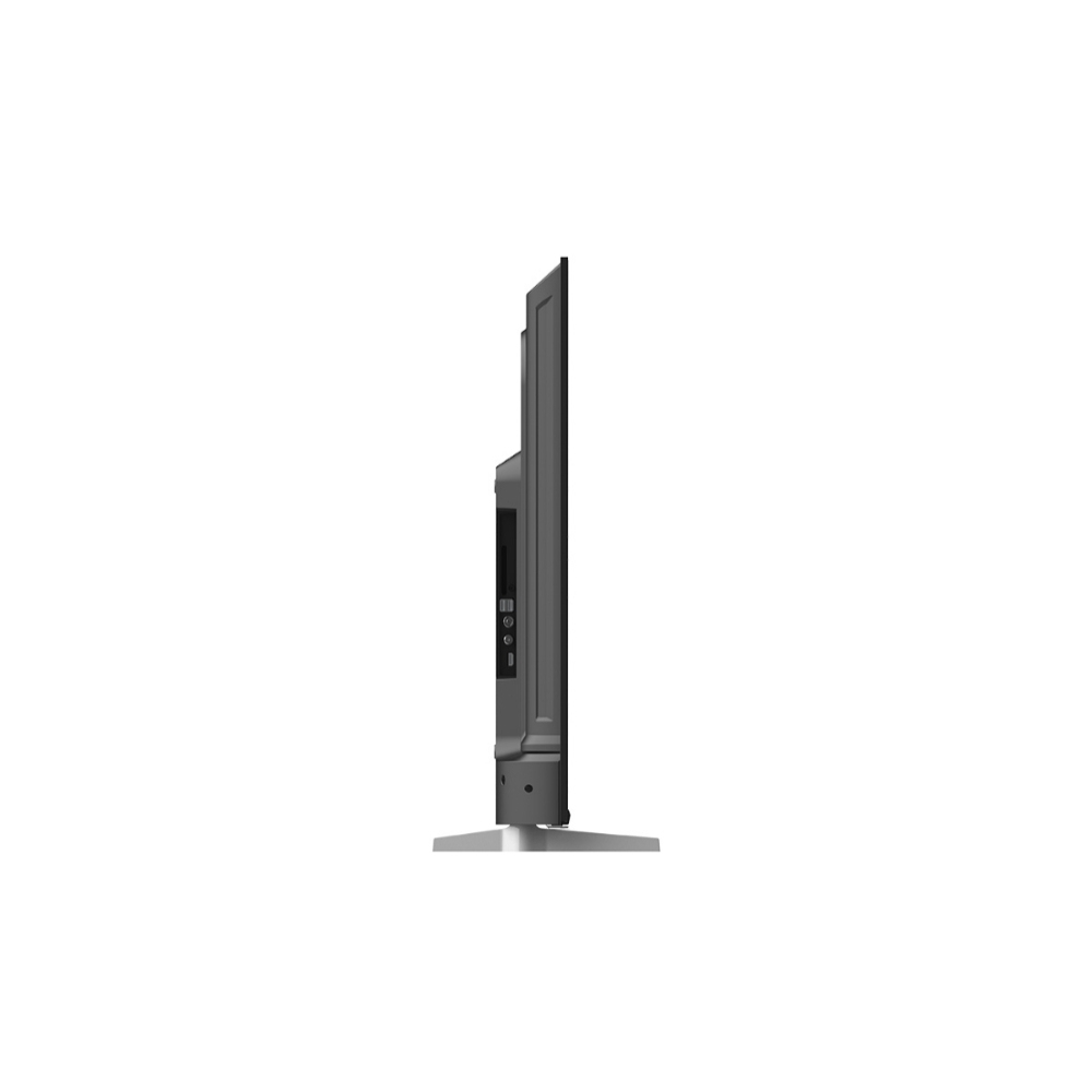 Vista laterale di una TV grigia con cornice nera. Ha un supporto ed è su sfondo bianco.