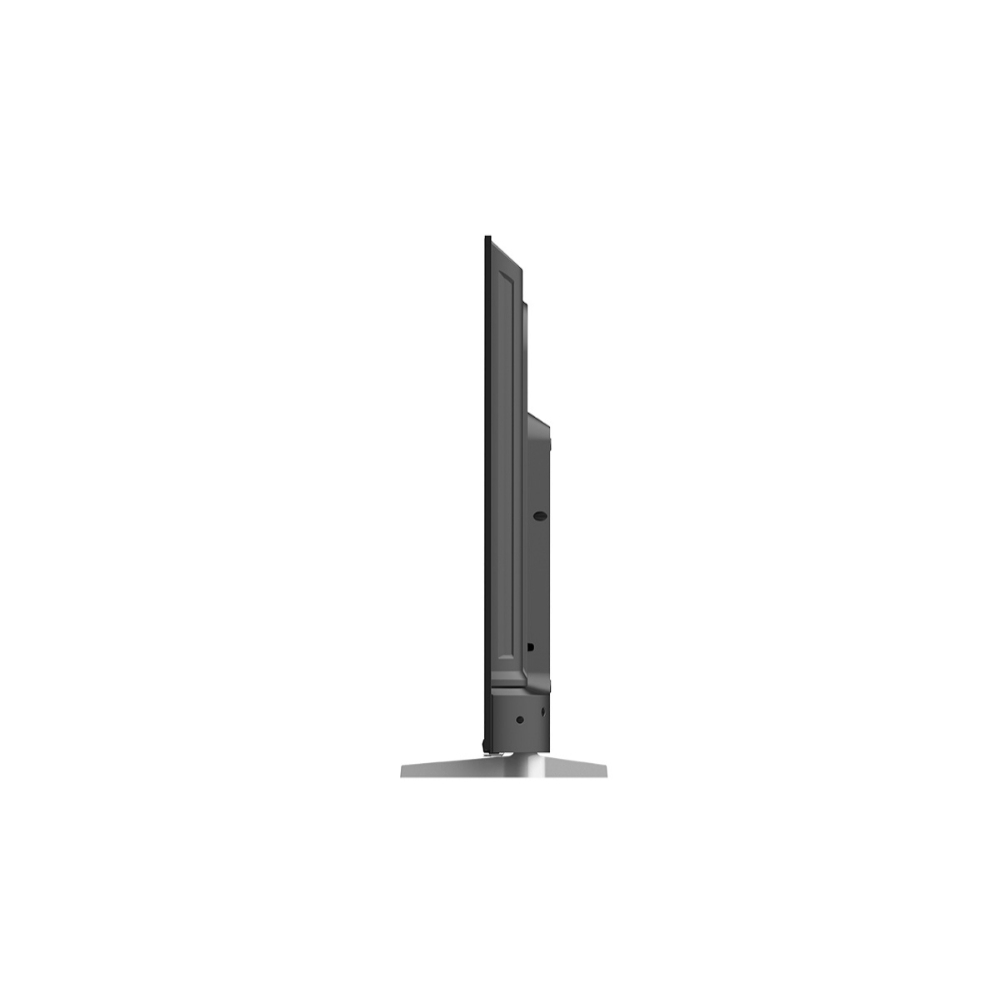 Vista laterale di una TV nera su supporto, schermo spento, sfondo bianco.