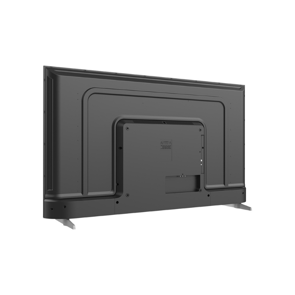 Vista posteriore di una TV nera su gambe argentate, con pannello posteriore.