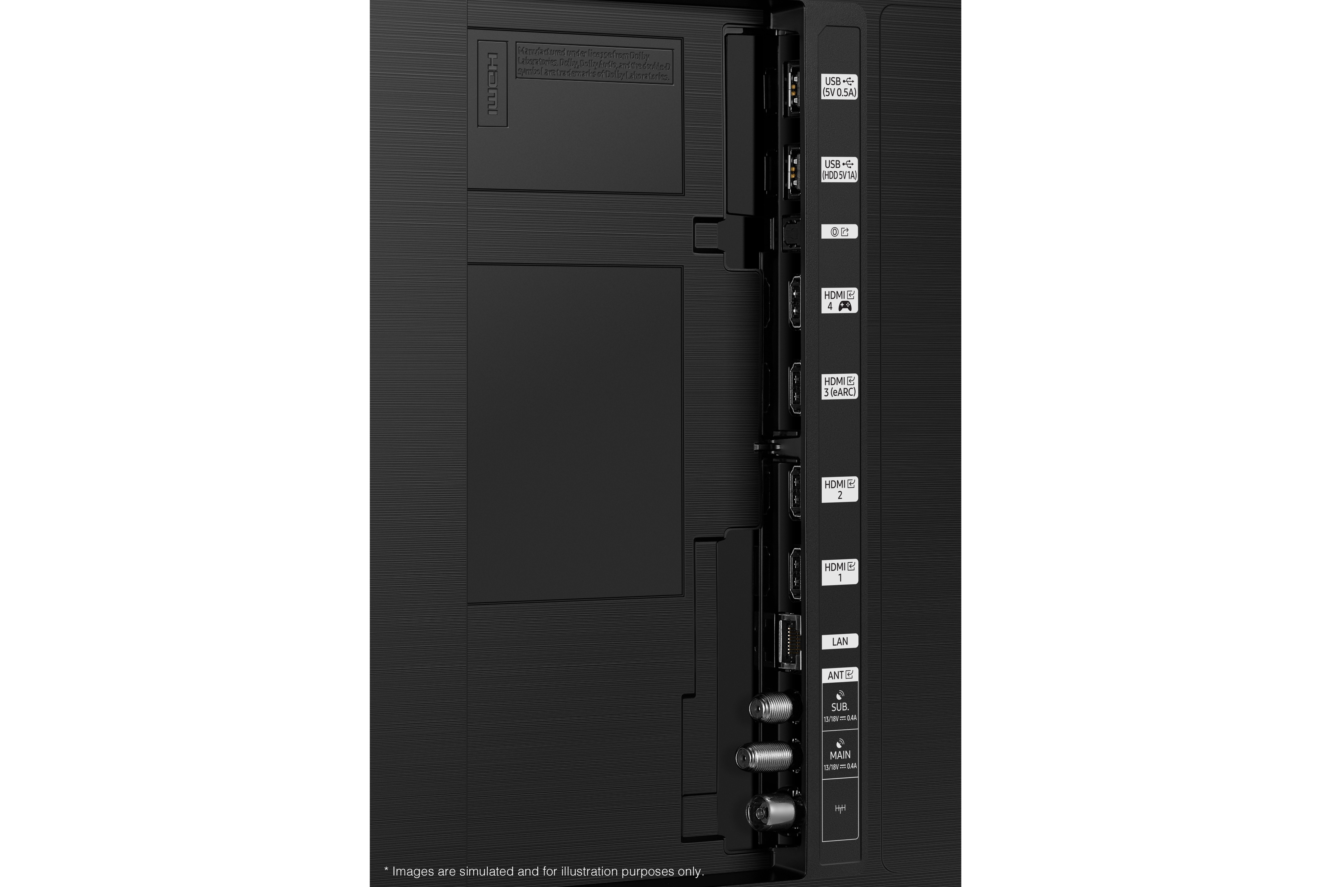 Zbliżenie tyłu czarnego telewizora z widocznymi różnymi portami i złączami.