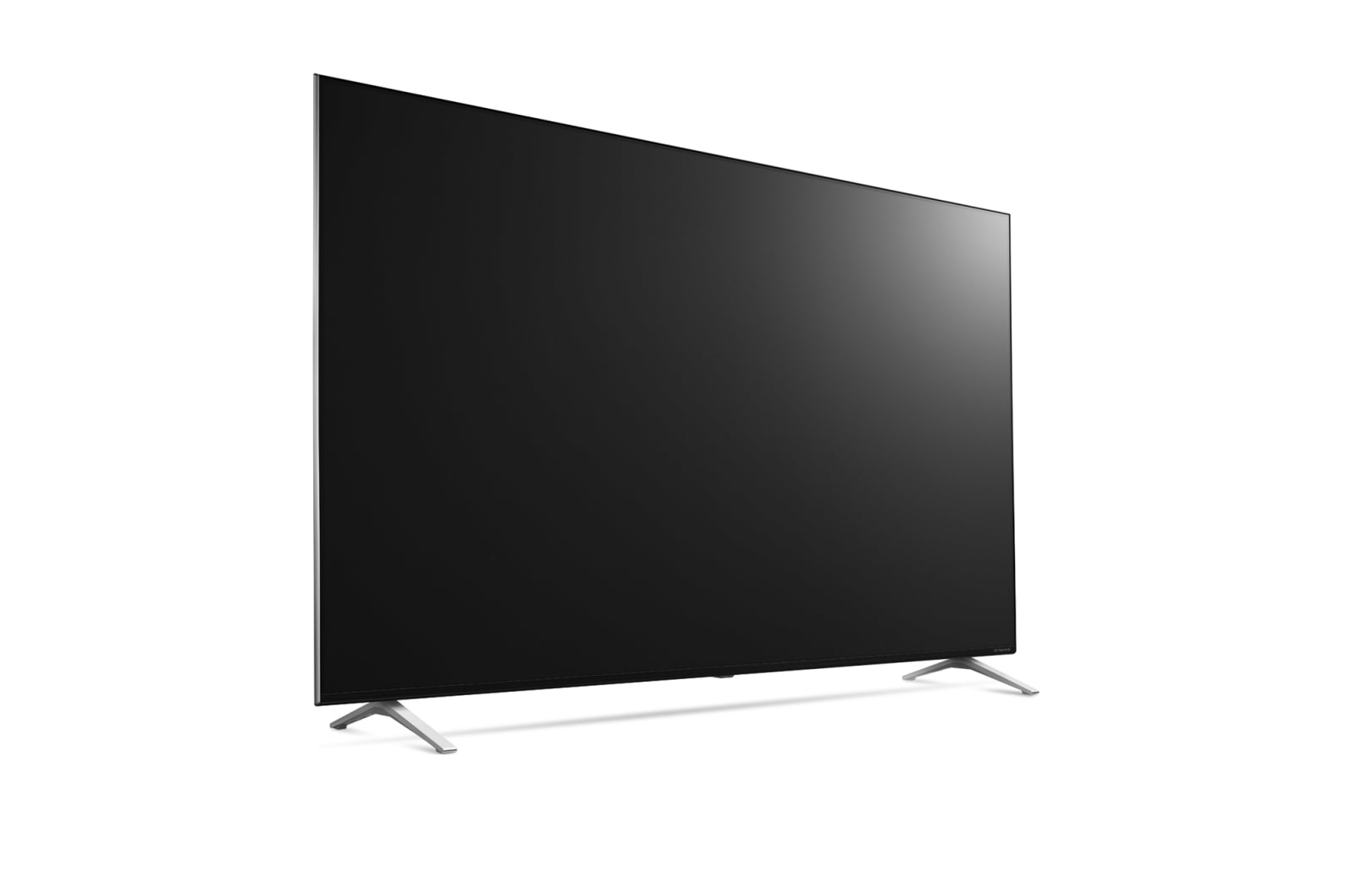 TV LG con schermo nero, vista angolata, sfondo bianco.