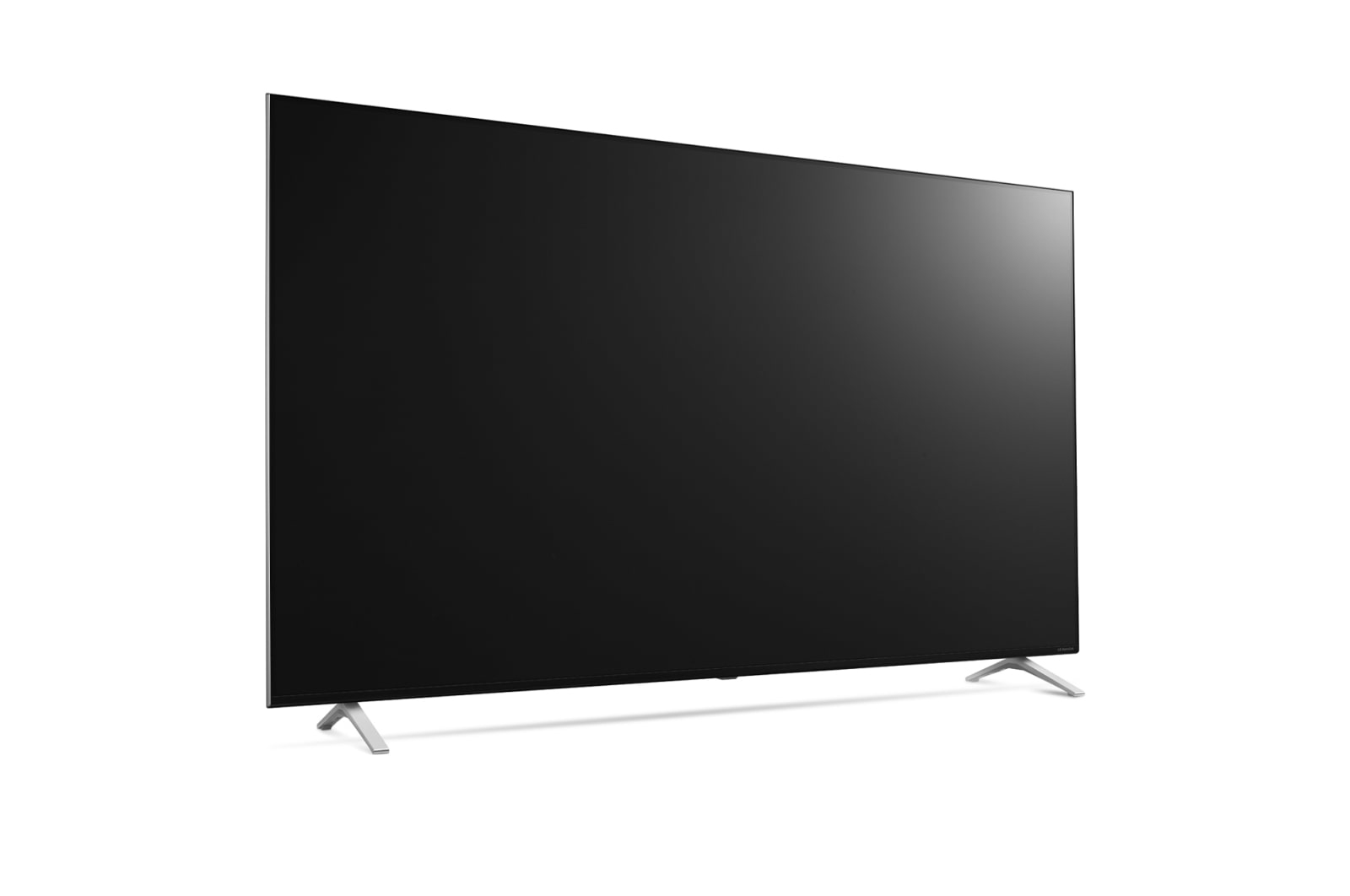 Grande TV LG OLED a schermo piatto, schermo nero, gambe argentate, su sfondo bianco.