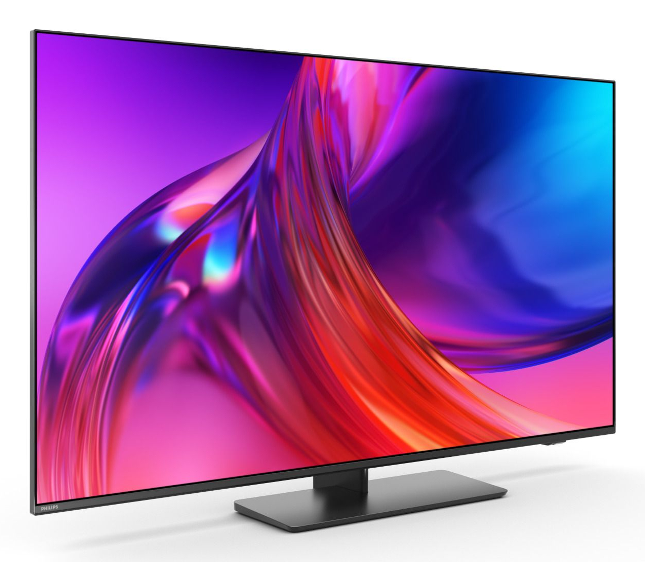 Telewizor z kolorowym ekranem, wyświetlający żywy obraz, na białym tle.