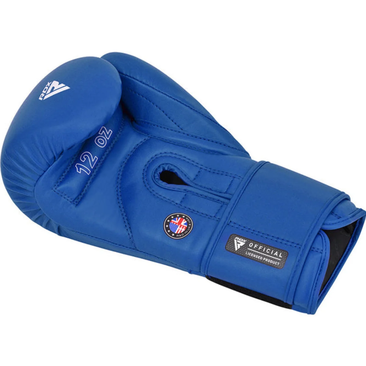 A blue boxing glove with white text and an American flag patch.