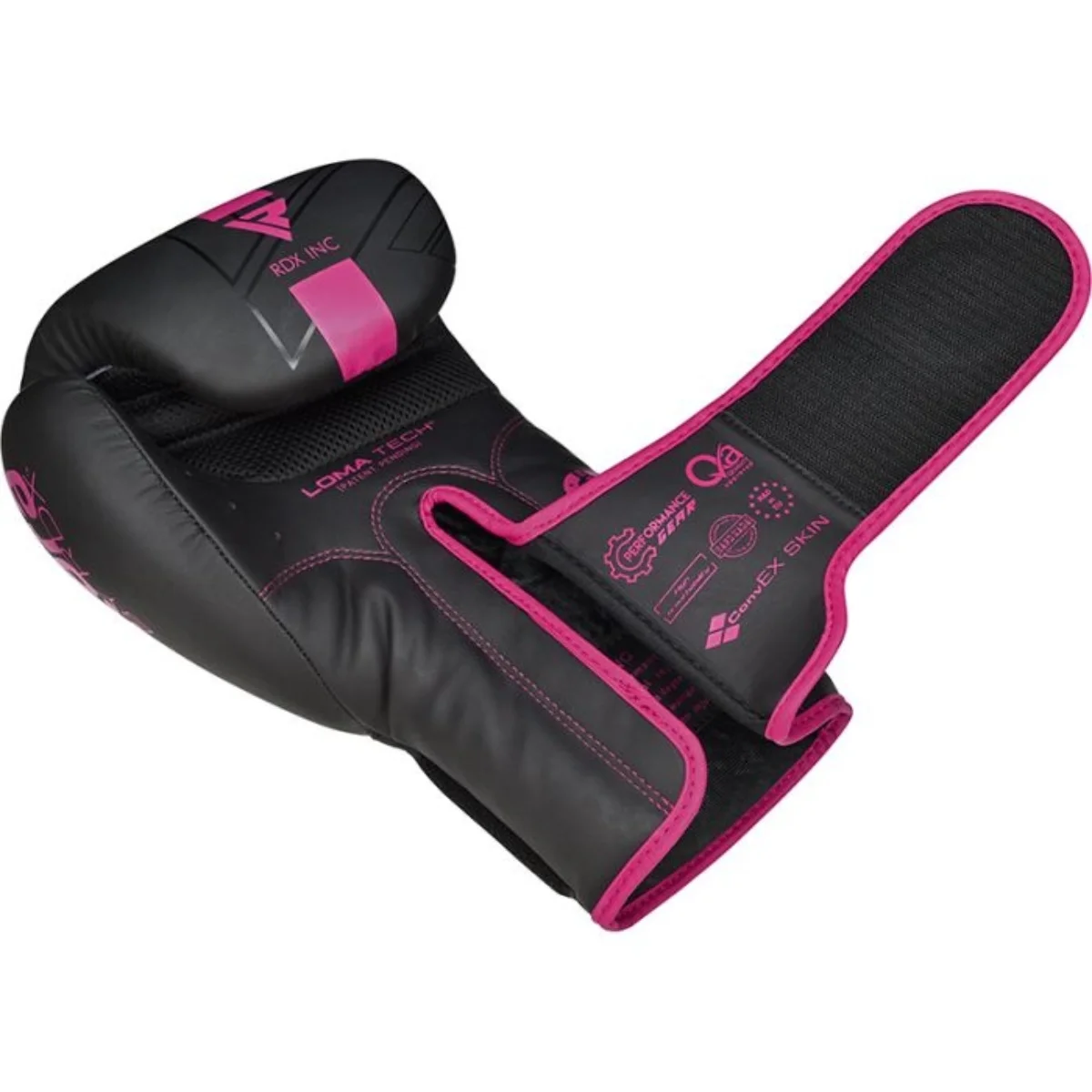 A black boxing glove with pink accents and the RDX logo and Loma Tech written on it.