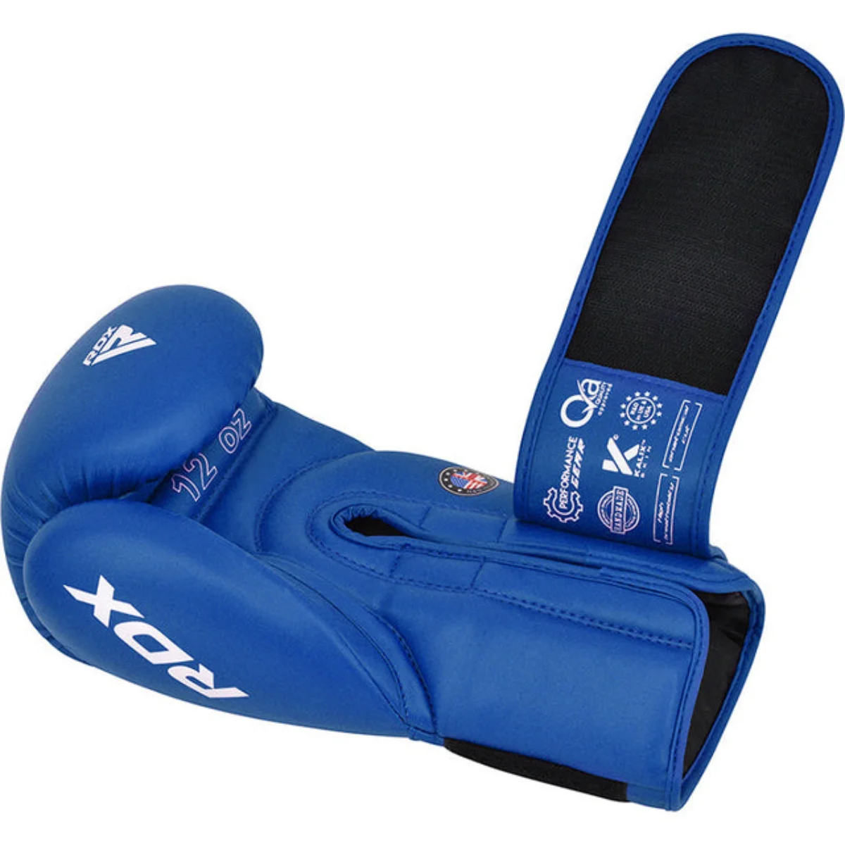Blue boxing glove with white logos and a wrist strap.