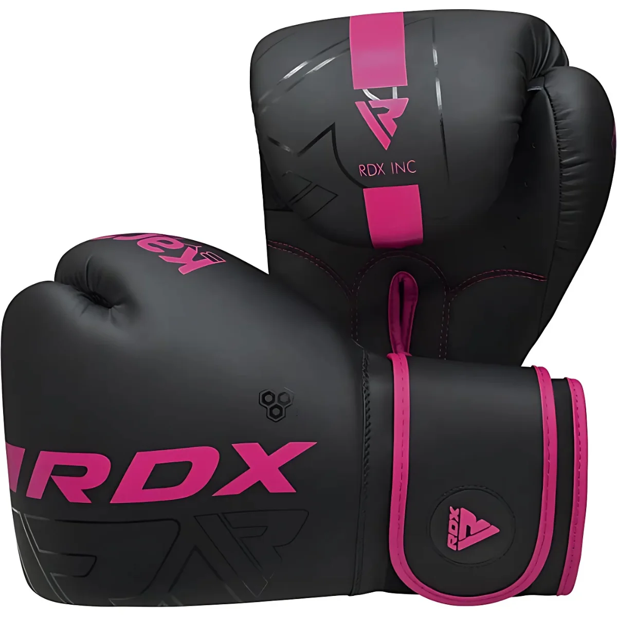 Pair of black boxing gloves with pink accents, displaying the RDX logo.