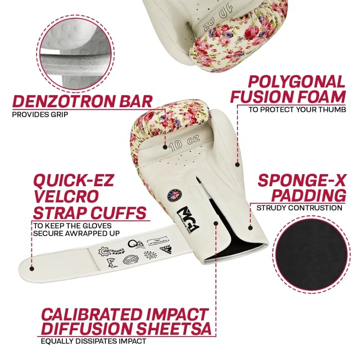 White boxing glove with floral design, labels, and padding details.